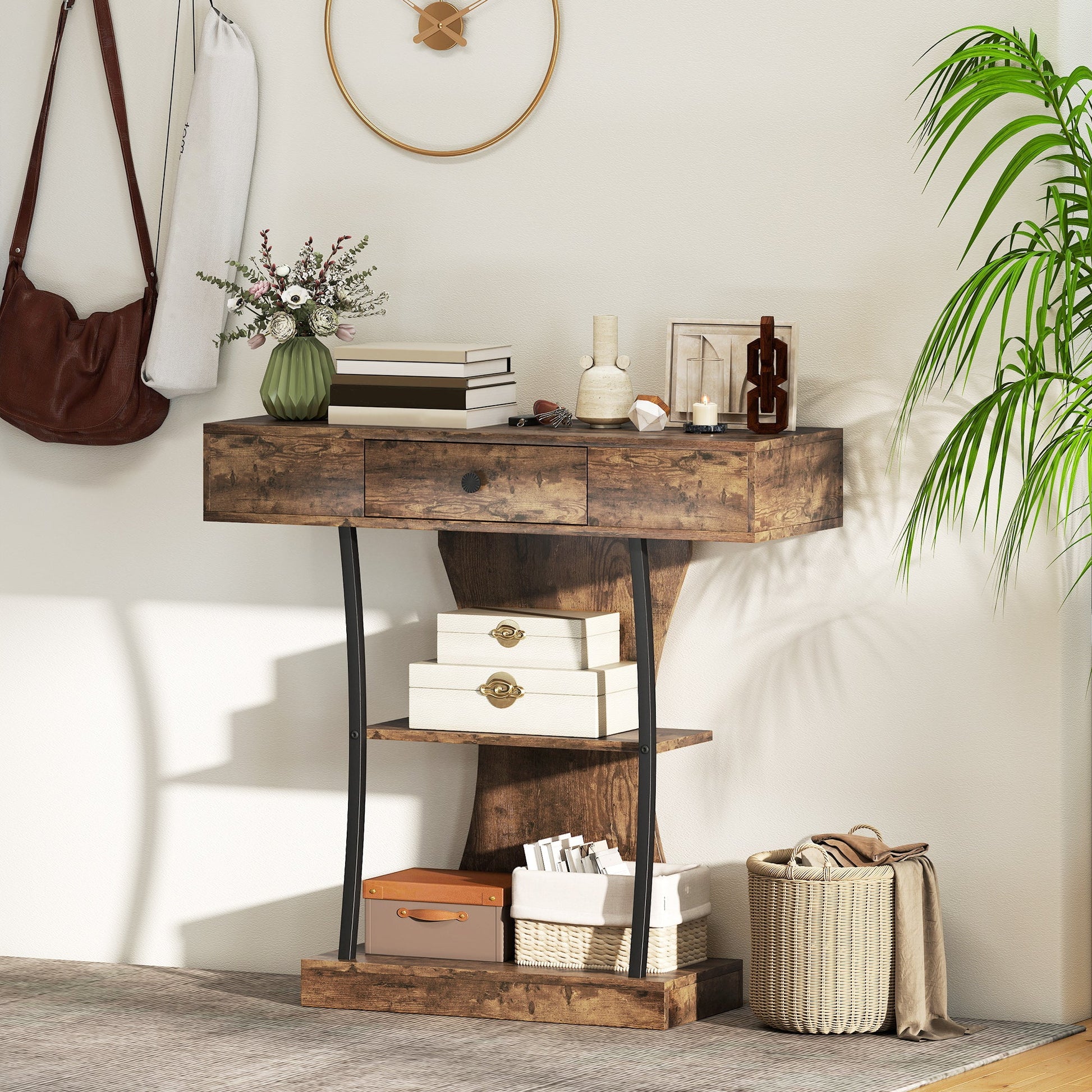 Console Table, 3-Tier Industrial Hallway Table with Drawer, Storage Shelves, 91 x 32 x 87 cm, Rustic Brown