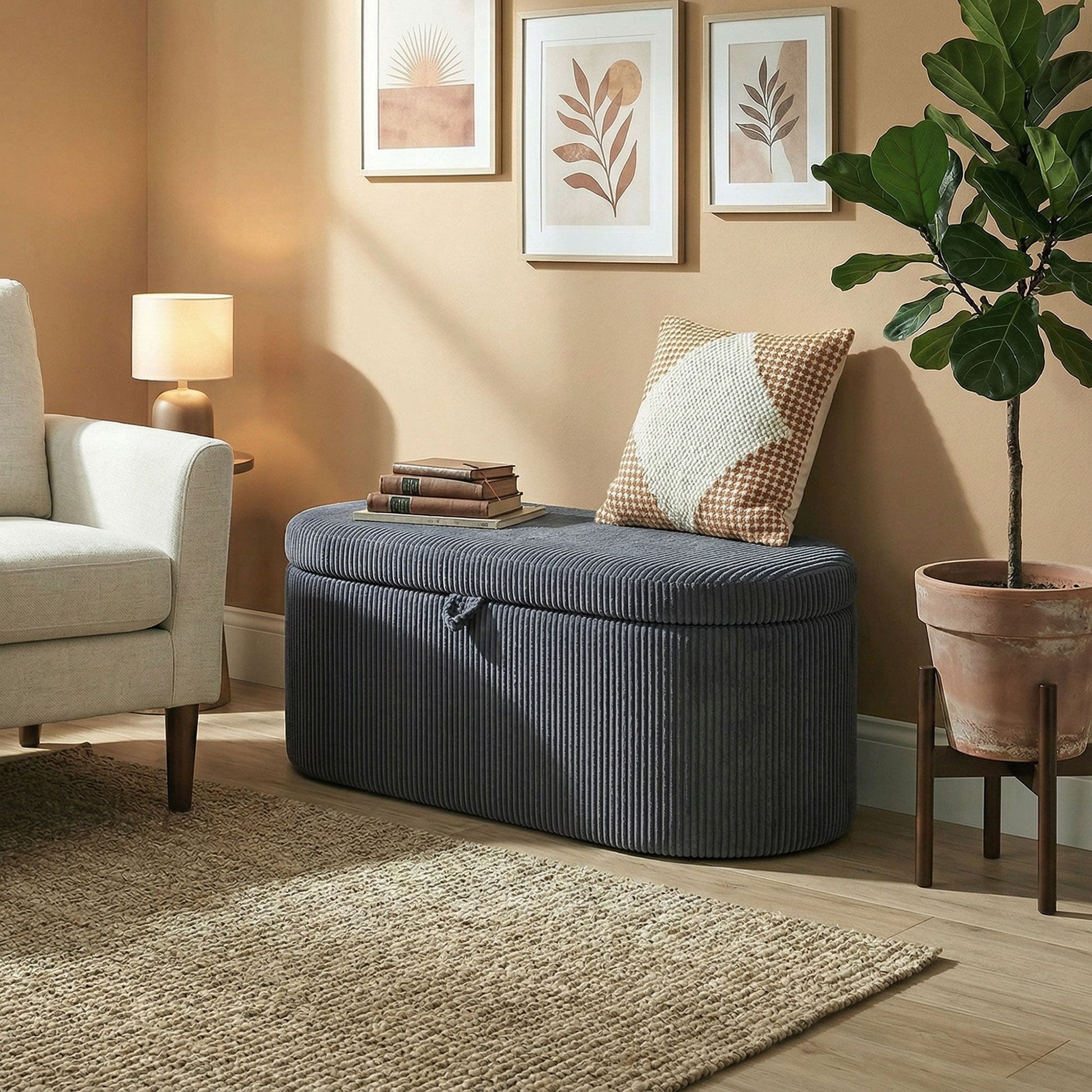 Storage Ottoman, Corduroy Upholstered Ottoman Storage Box with Padded Seat, 105 x 51 x 49 cm, Dark Grey