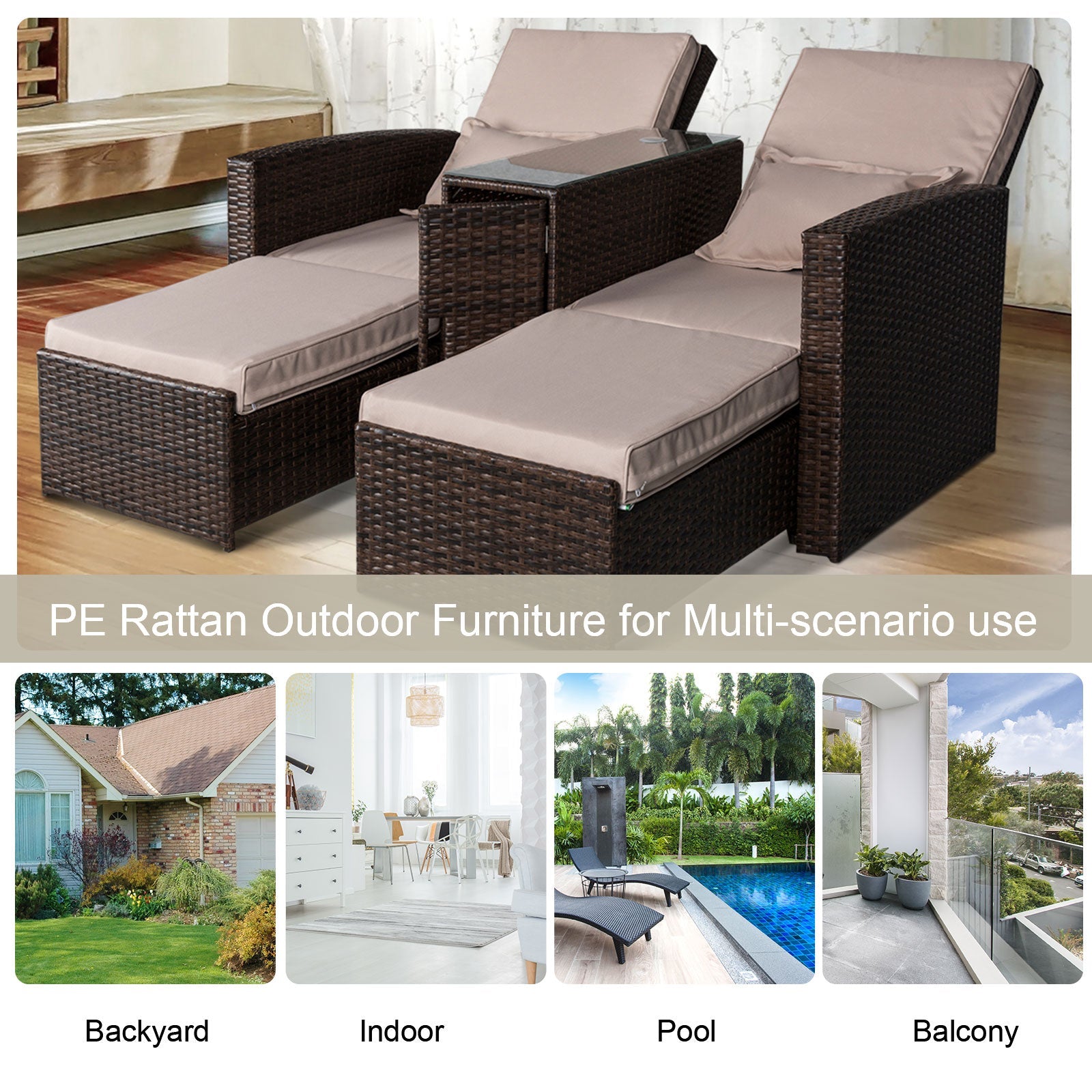 2-Seater Rattan Sofa Lounger Set-Brown