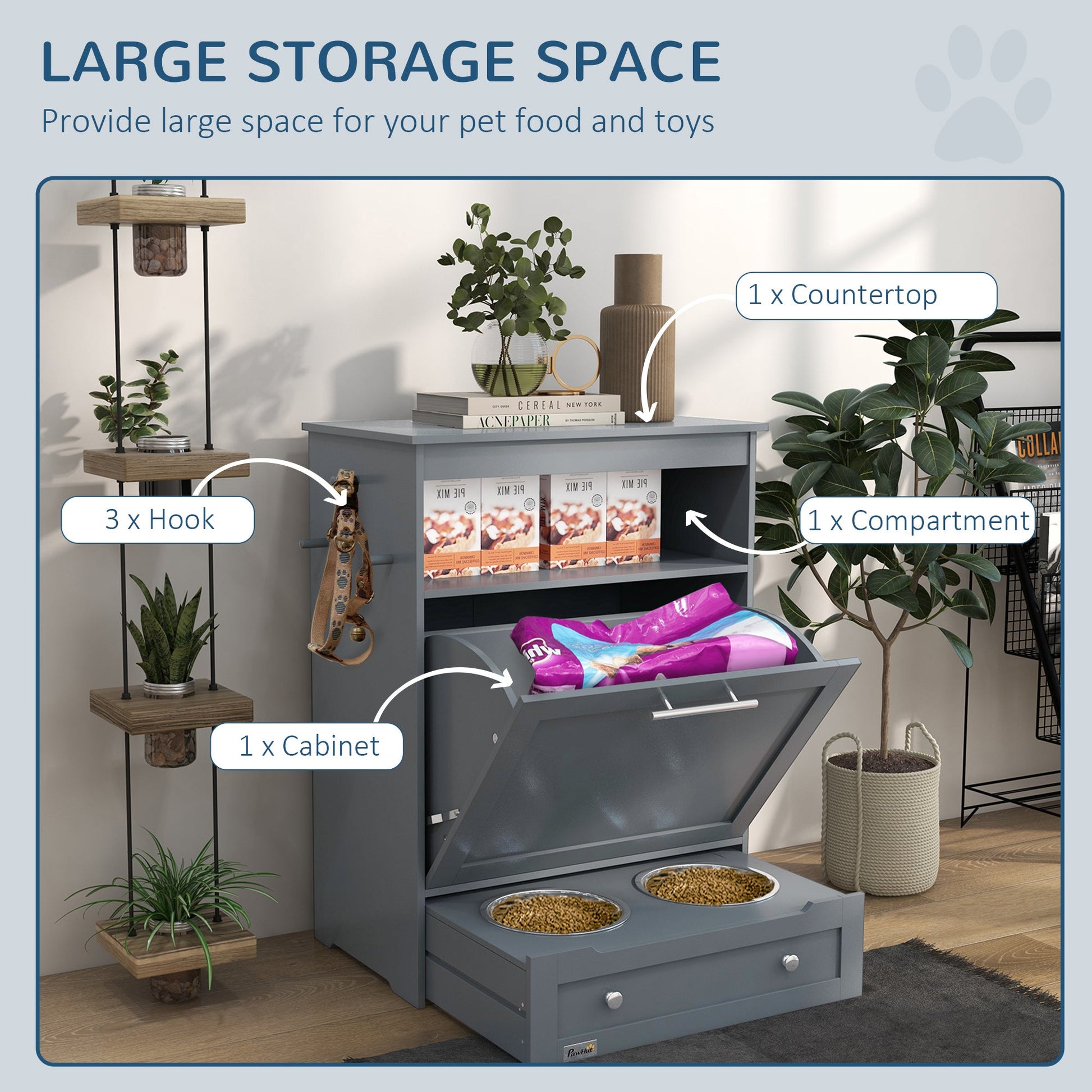 Pet Feeder Station, Dog, Cat Storage Container, with Raised Bowls, Hanger, Cabinet - Grey