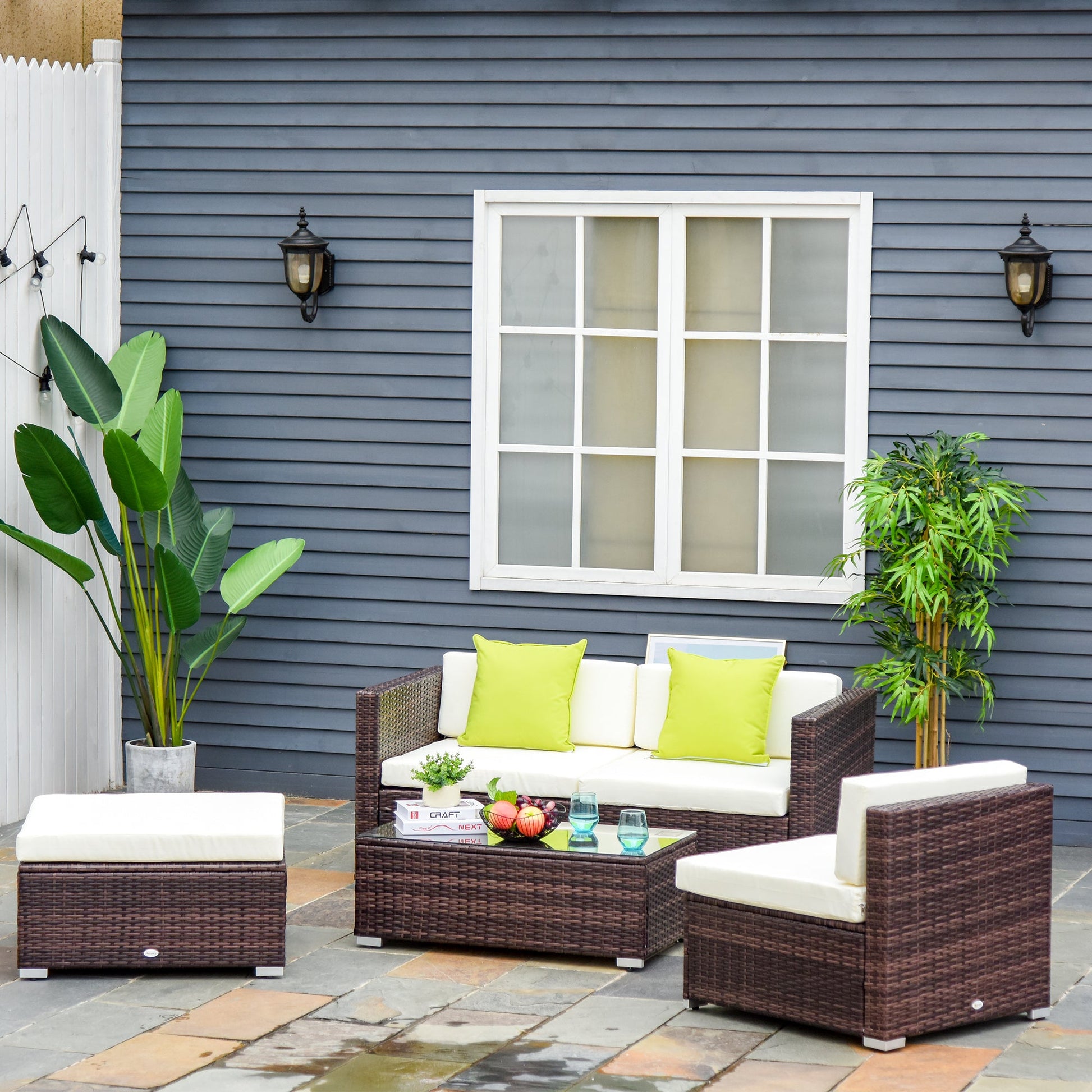 4-Seater Rattan Sofa Set Garden Outdoor Sectional Sofa Coffee Table Combo Patio Furniture-Brown