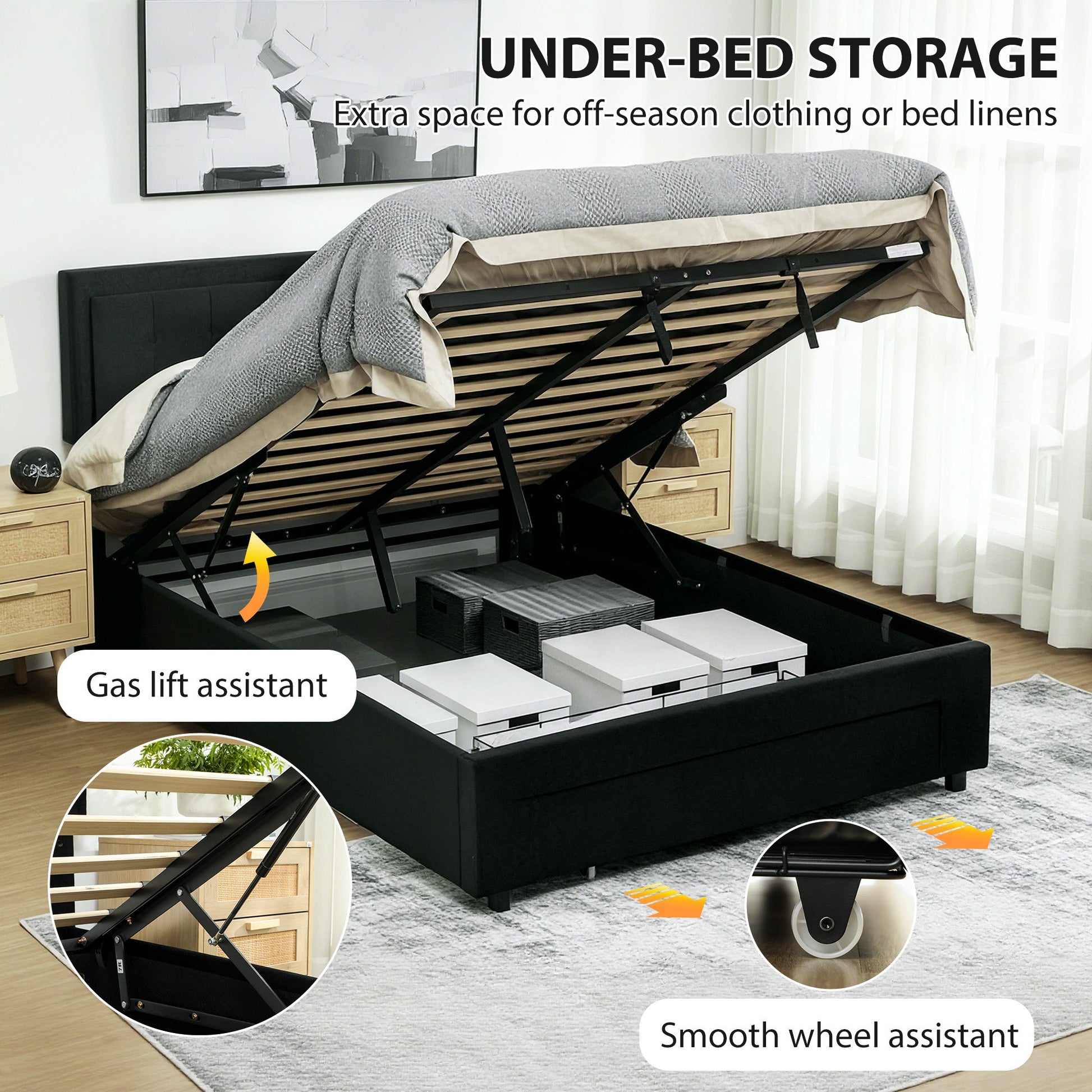 Double Ottoman Bed Frame, with Front Drawer - Black