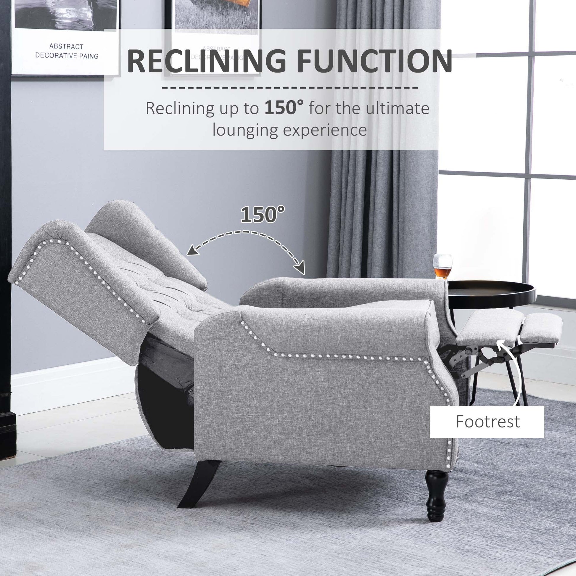 Recliner Armchair, Vintage Reclining Chair with Nail Head Trim, Wingback Chair with Button Tufted Back and Footrest, for Living Room, Light Grey