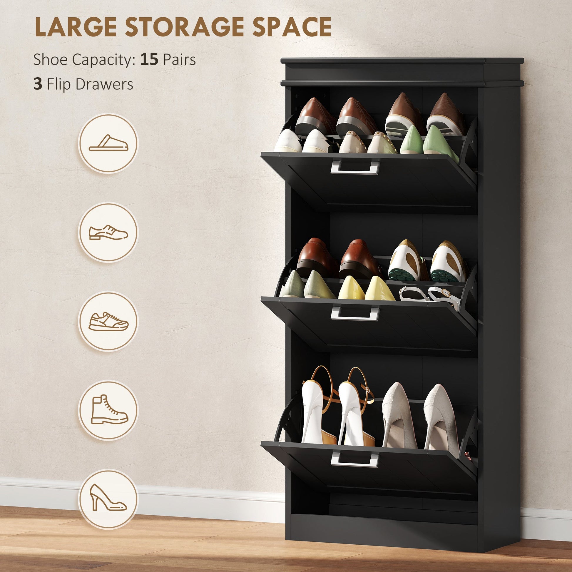 HOMCOM Three-Drawer Minimalistic Shoe Cabinet - Black