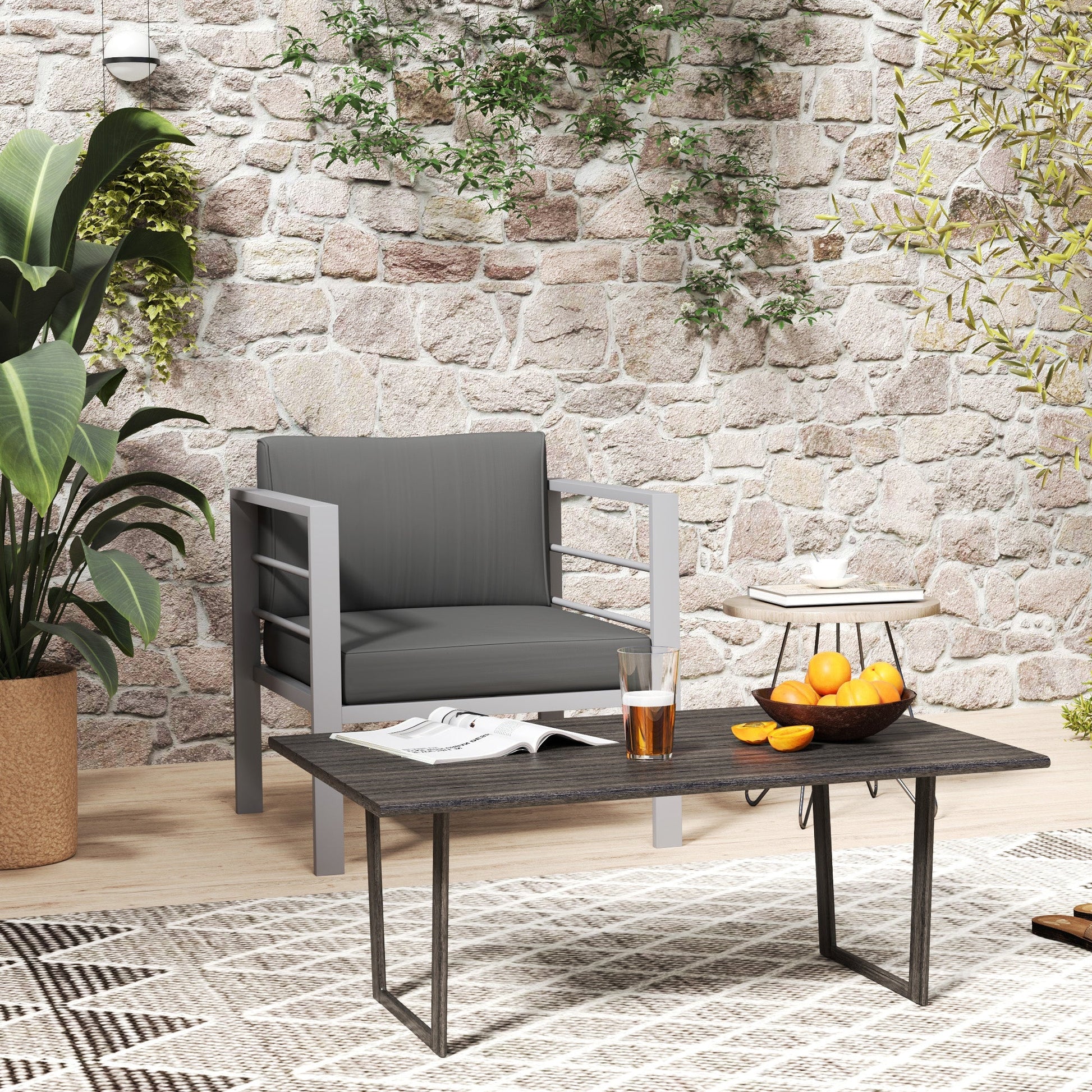 Patio Furniture Aluminium Armchair, All-Weather Outdoor Single Sofa, Metal Frame Outdoor Chair with Cushions for Garden, Balcony, Charcoal Grey