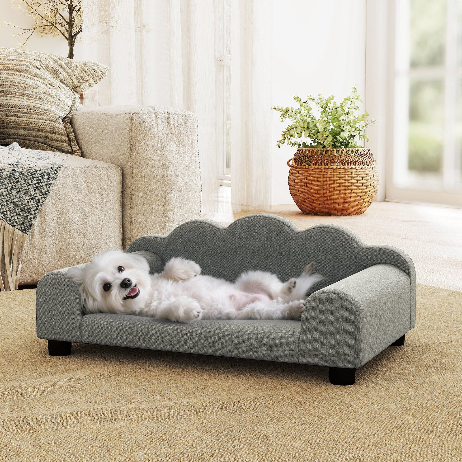 Elevated Dog Sofa Bed, Breathable Pet Sofa with Backrest and Armrest for Small Dogs, Grey