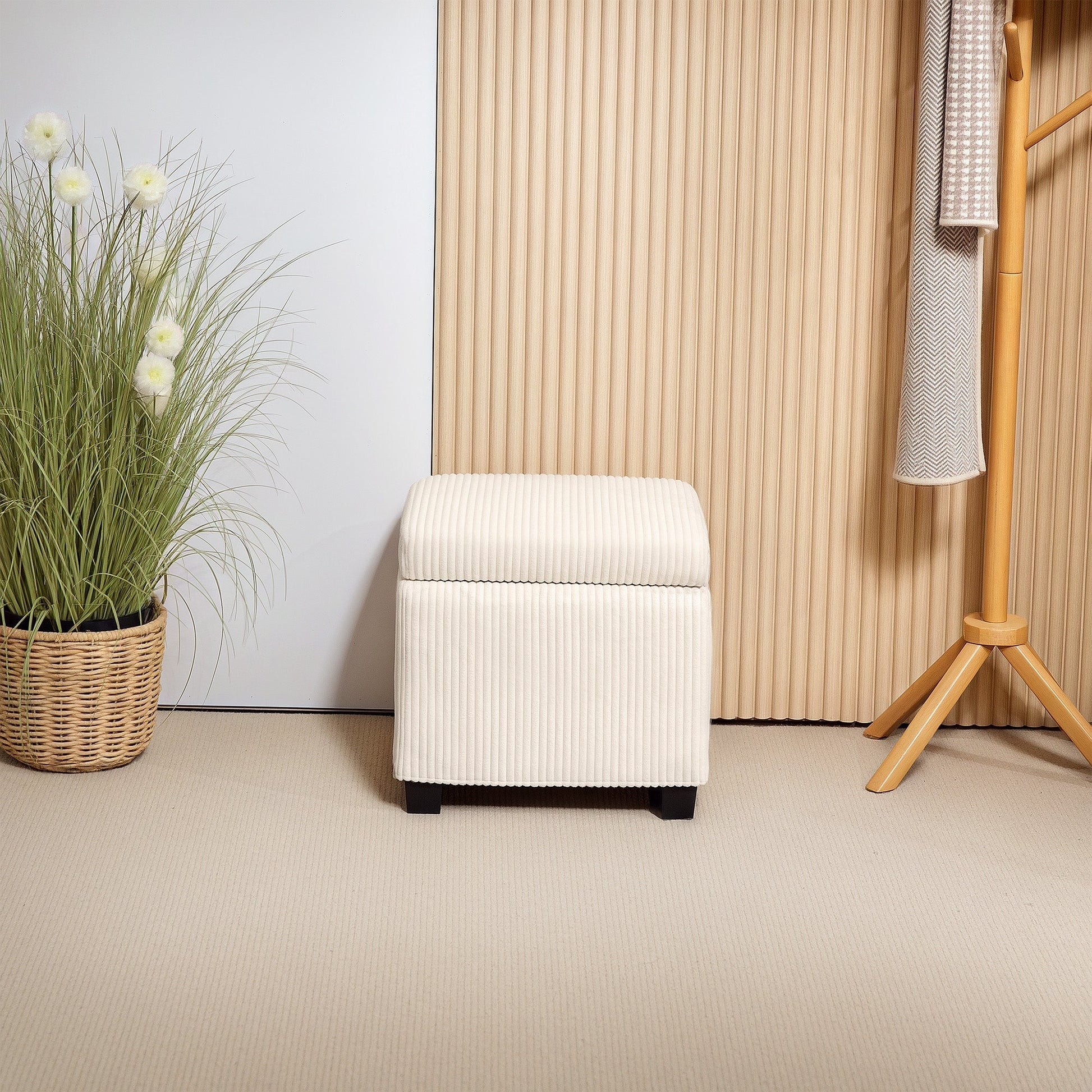 Storage Ottoman Bench, Corduroy Footstool with Removable Lid and Legs, 40cm Storage Chest Box for Living Room, Bedroom, Hallway, Beige