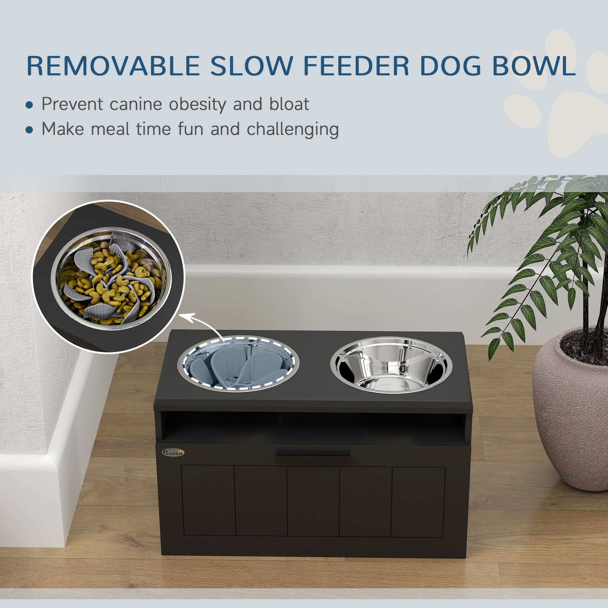 Raised Dog Bowl with Slow Feeder & 2 Stainless Steel Dog Bowl, 25L Storage Drawer, for Large & Extra Large Dogs, Black