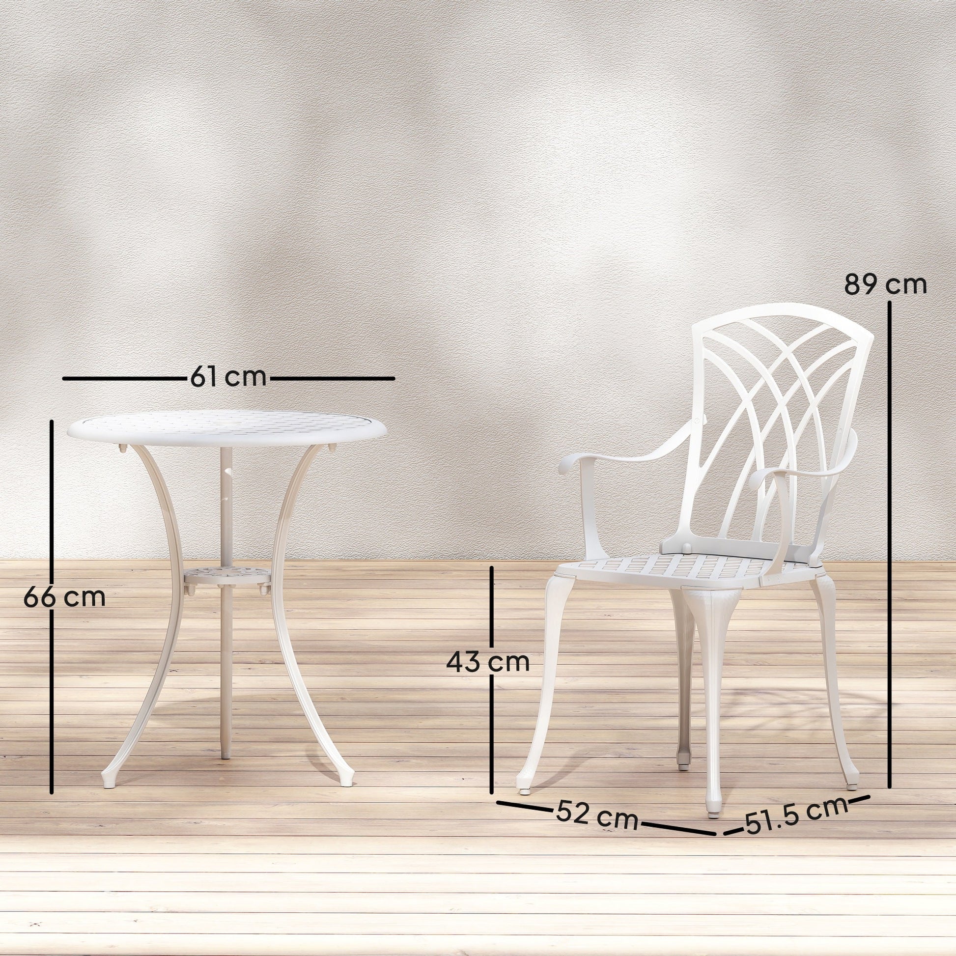 3 Pieces Garden Bistro Set, Cast Aluminium Outdoor Dining Set with 2 Chairs and Round Table with Parasol Hole, White