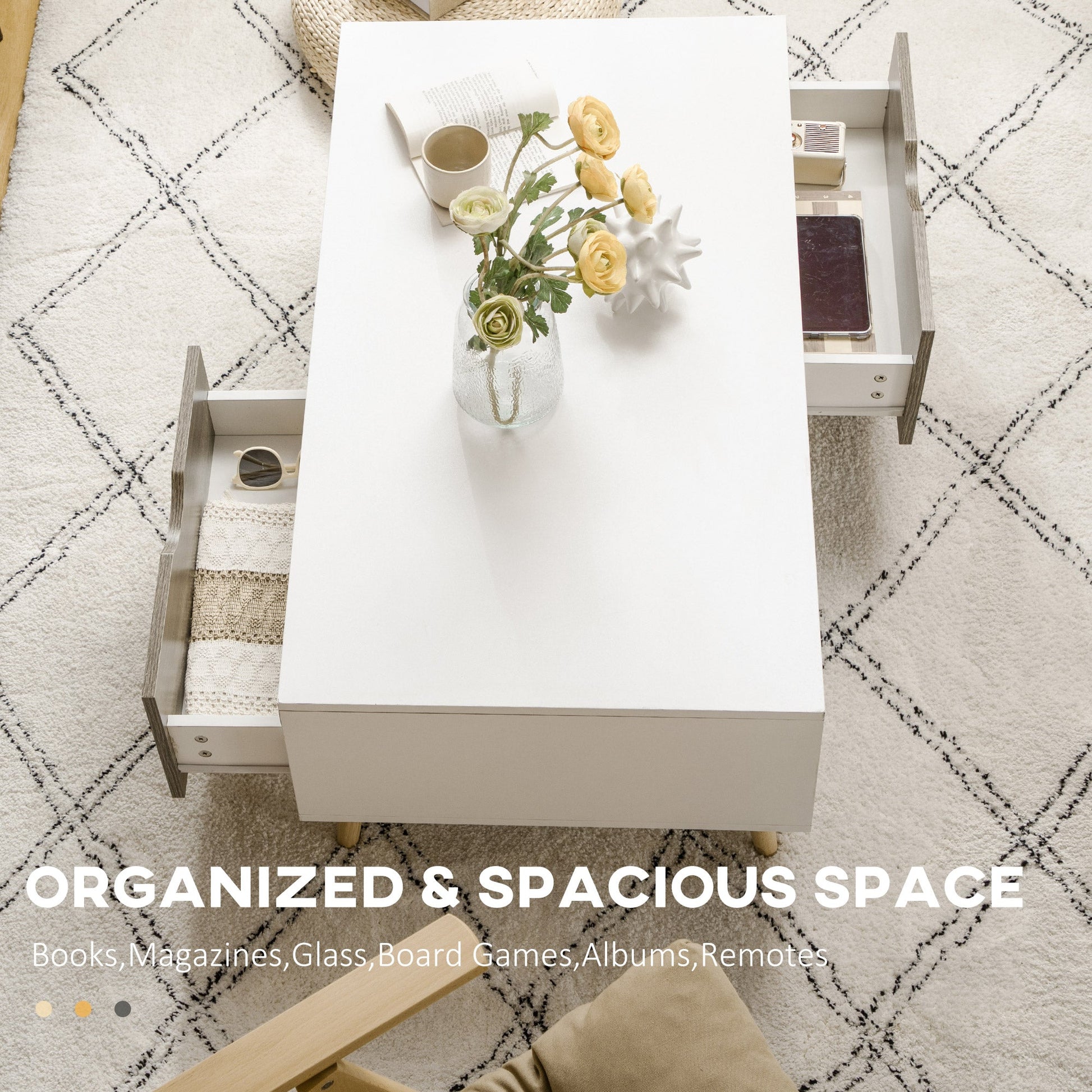 Coffee Table, Modern Tea Table with Open Storage Shelves, Two Drawers and Solid Wood Legs, Coffee Tables for Living Room, Bed Room, White