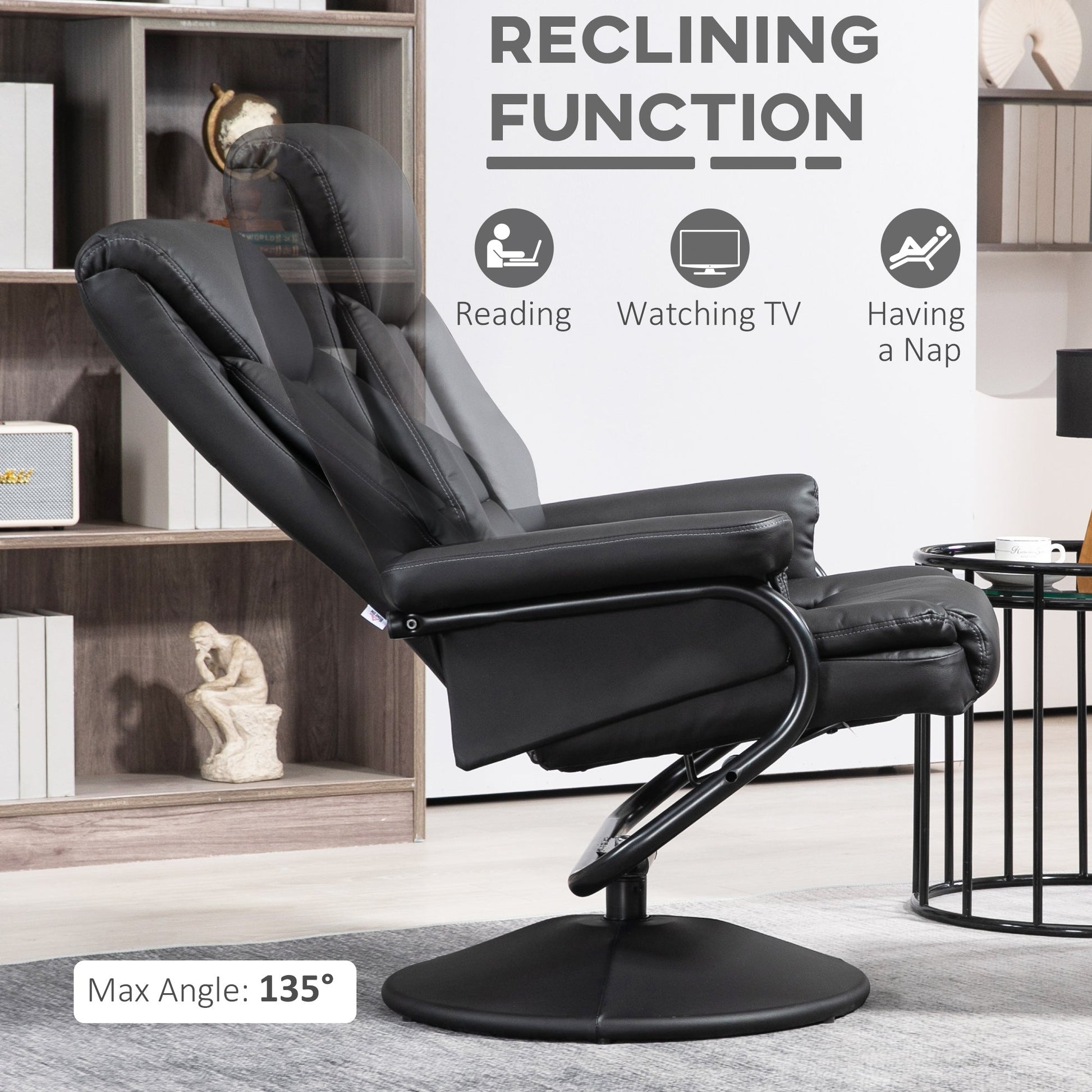 Swivel Recliner Chair with Footstool, PU Leather Recliner Armchair with Ottoman, Steel Base, Upholstered Reclining Chair for Living Room, Bedroom, Office, Black