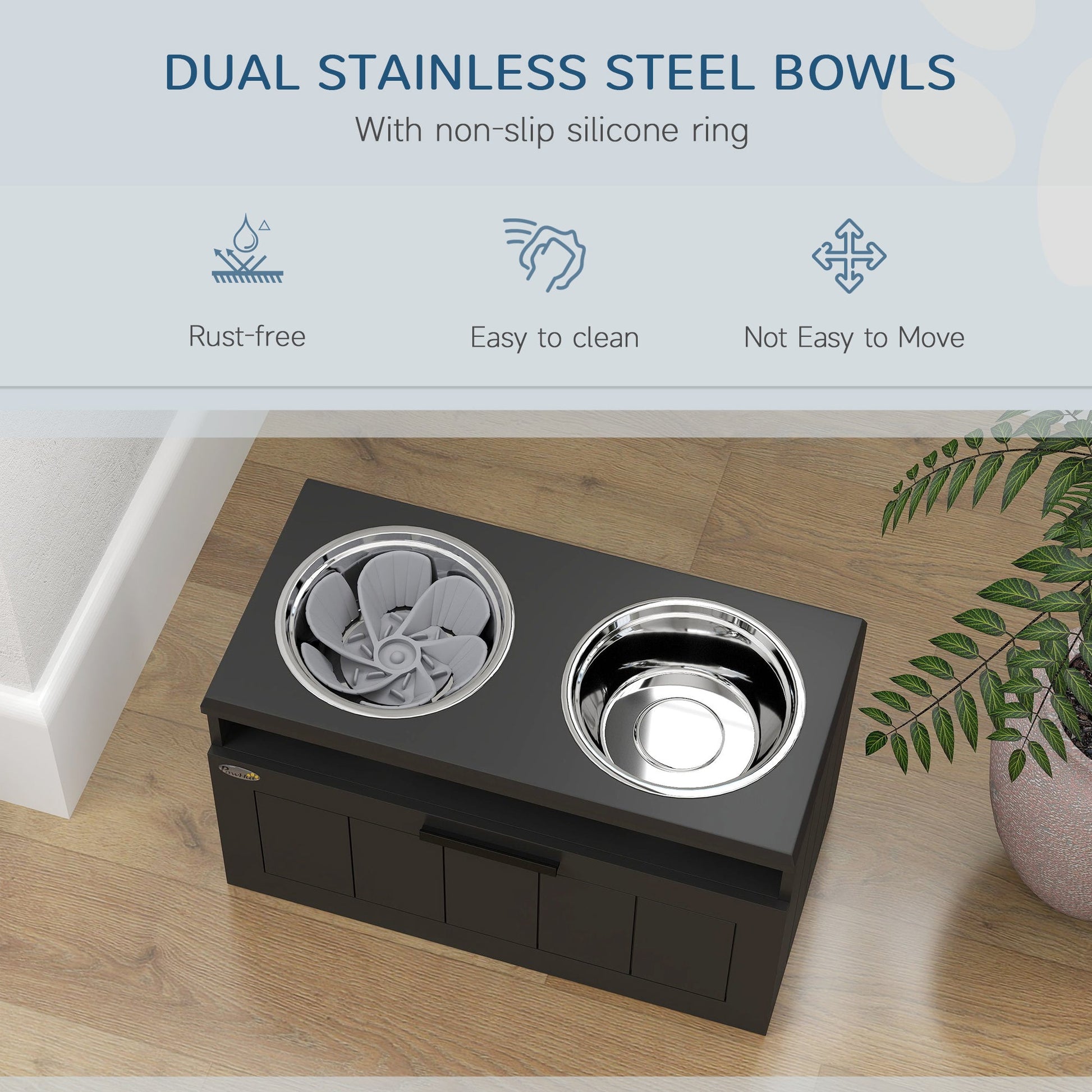 Raised Dog Bowl with Slow Feeder & 2 Stainless Steel Dog Bowl, 25L Storage Drawer, for Large & Extra Large Dogs, Black