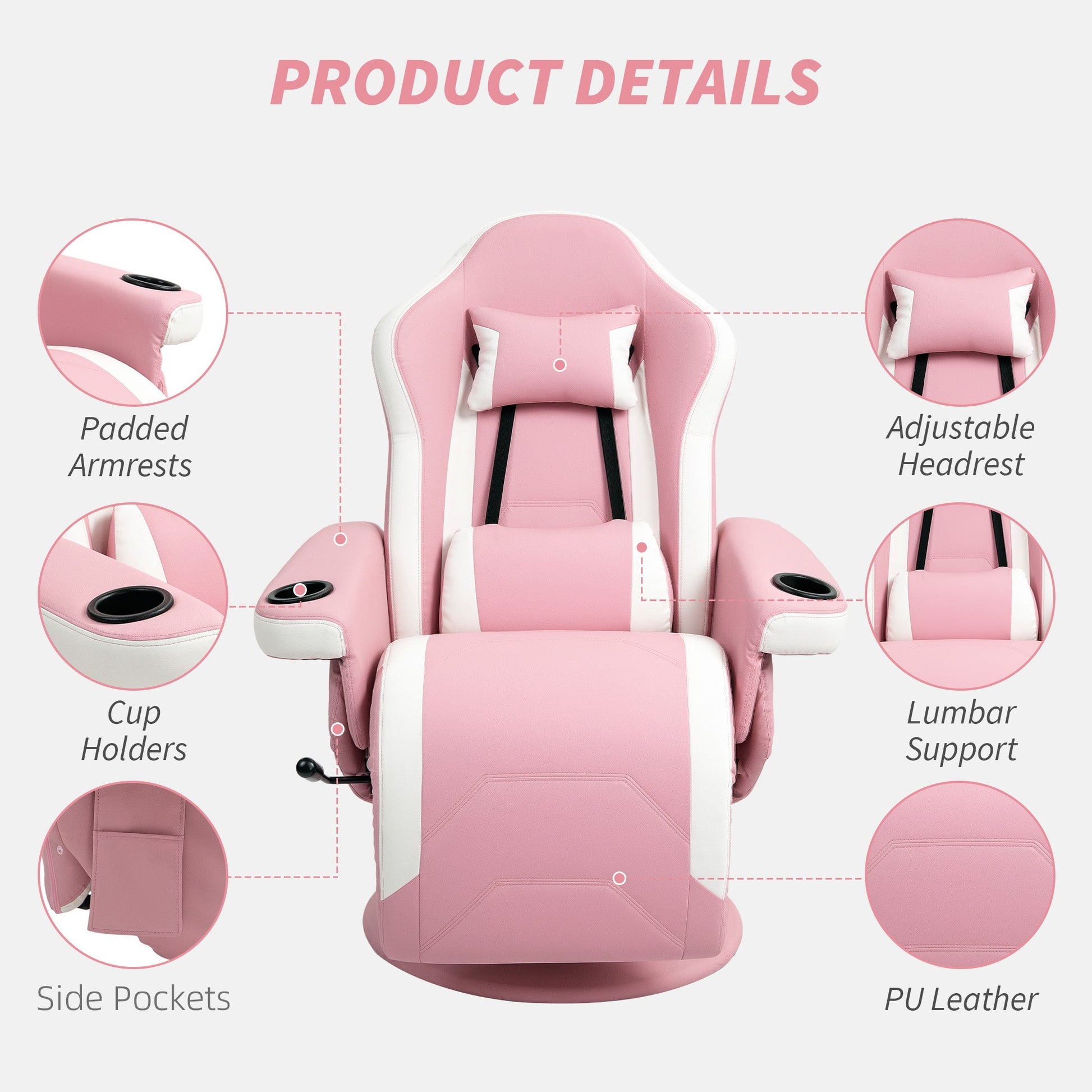 Manual Recliner Armchair PU Leather Lounge Chair w Adjustable Leg Rest, Reclining Function, Swivel, Pink
