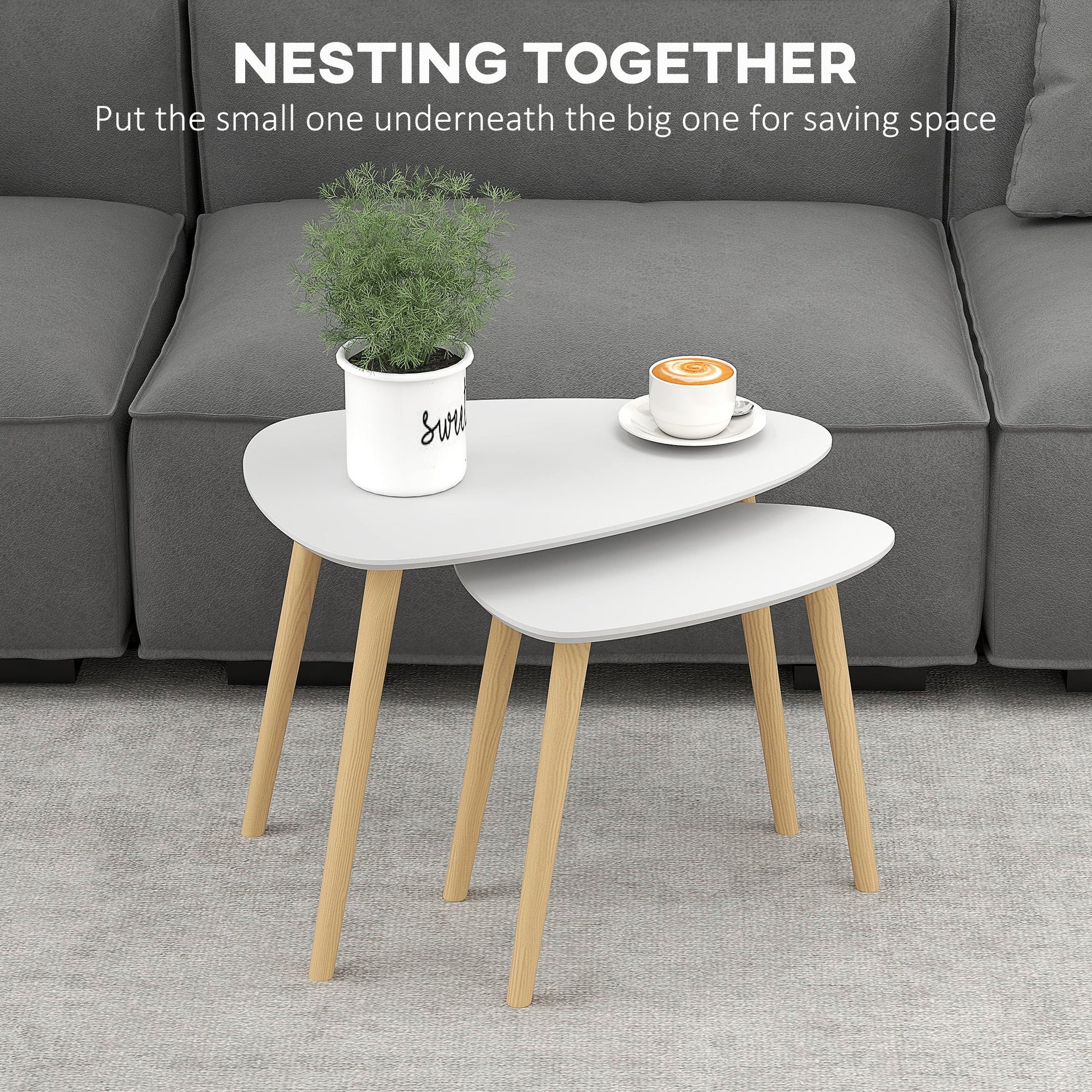 Nesting Coffee Table, Set of 2 Side Tables, Stacking End Tables with Solid Wood Legs, for Living Room Bedroom, Light Grey