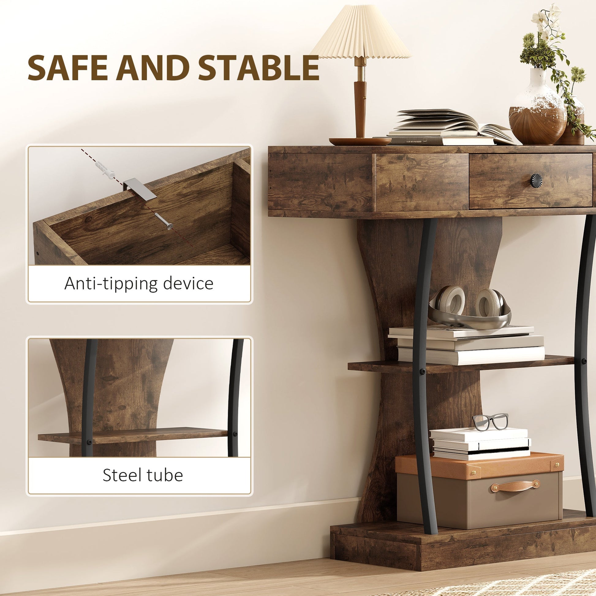 Console Table, 3-Tier Industrial Hallway Table with Drawer, Storage Shelves, 91 x 32 x 87 cm, Rustic Brown