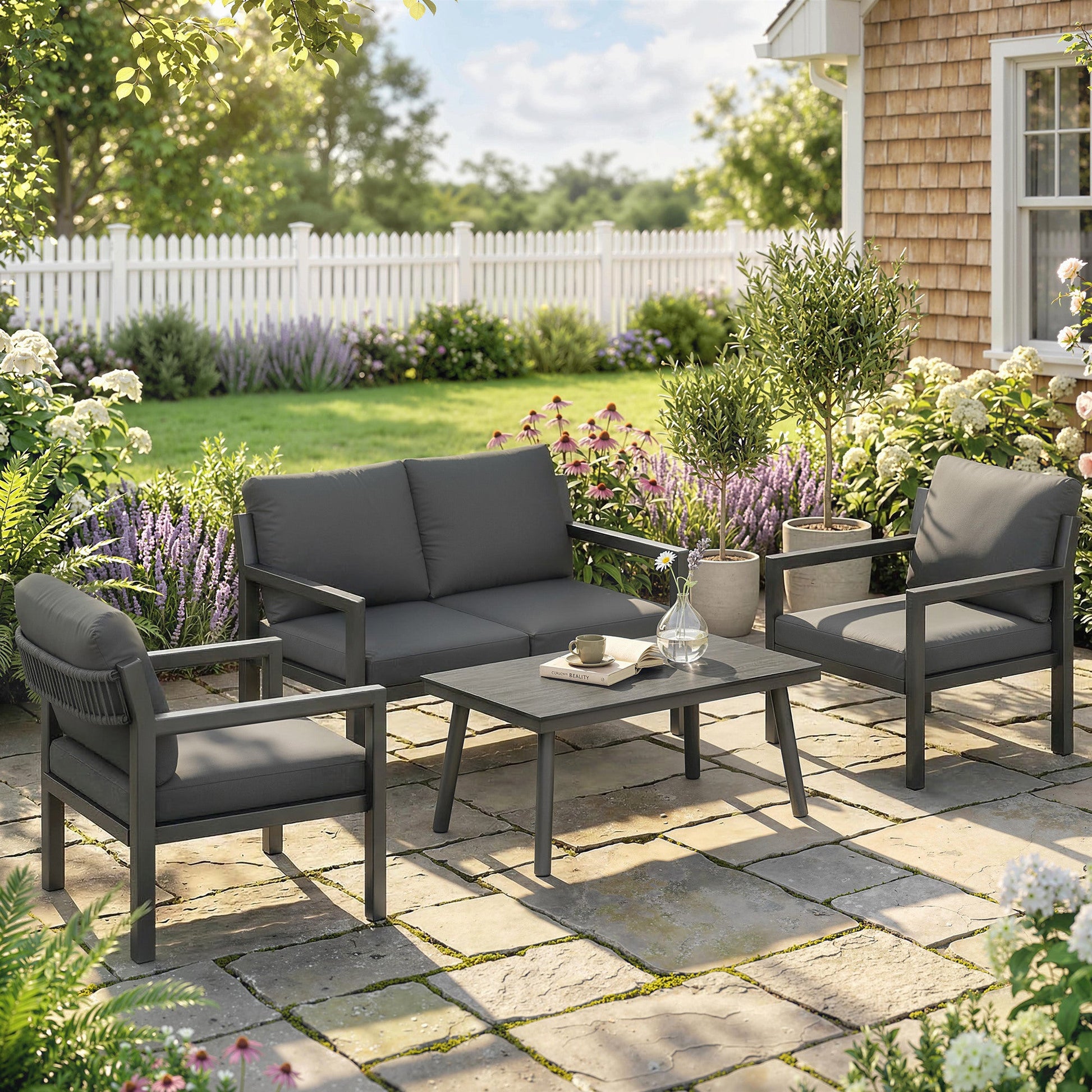4 Seater Rattan Garden Furniture Set with 2 Armchairs, Loveseat, Coffee Table, Garden Sofa Set with Cushions, Dark Grey