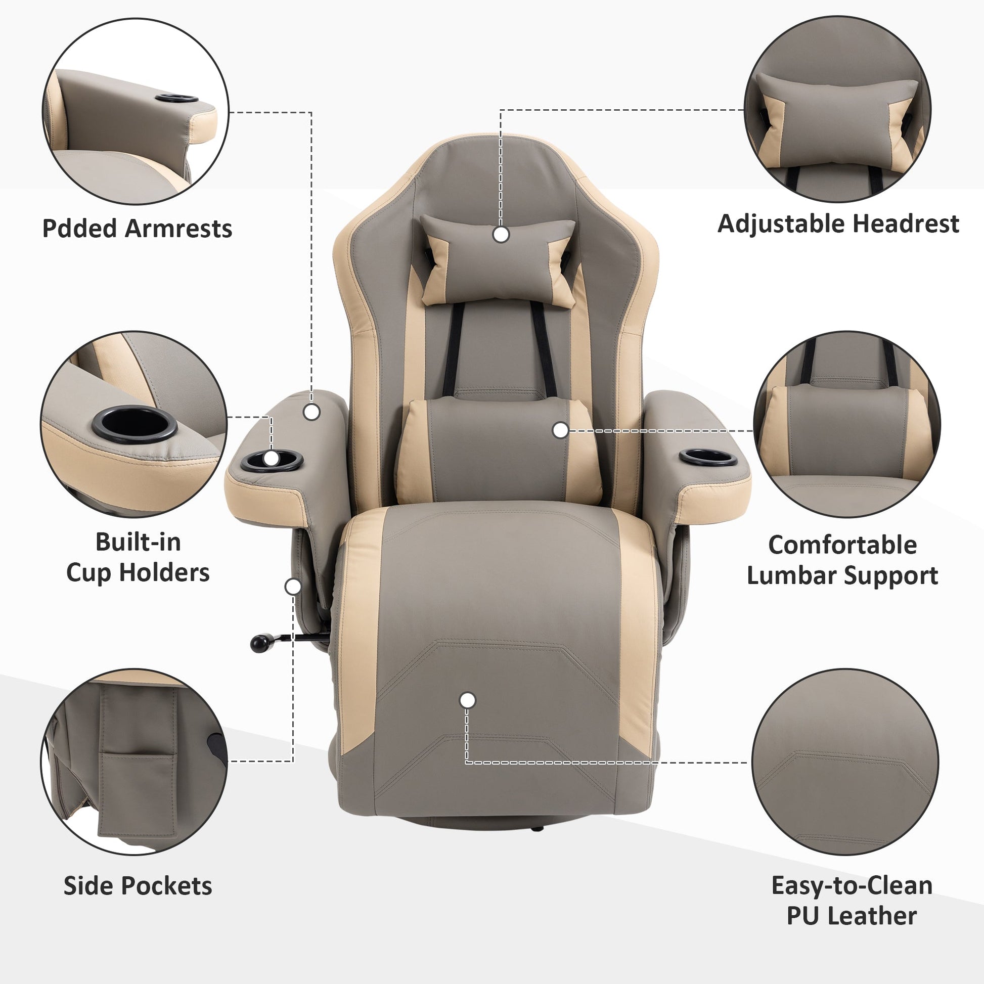Manual Recliner Armchair PU Leather Lounge Chair w/ Adjustable Leg Rest, Reclining Function, Swivel, Grey