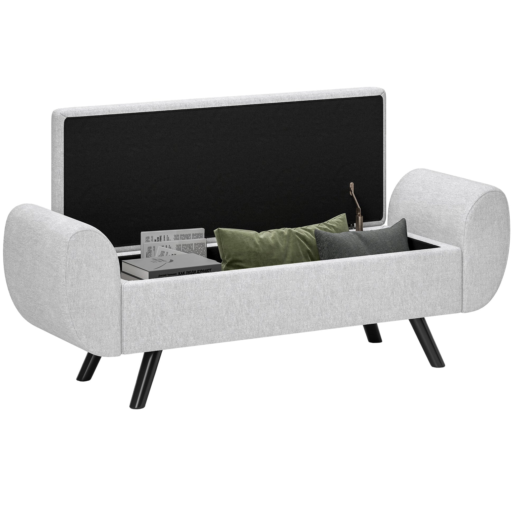 Storage Ottoman with Armrest, Upholstered Linen Storage Bench, Window Seat with Rubberwood Legs, Footstool for Bedroom Living Room, Hallway, Light Grey