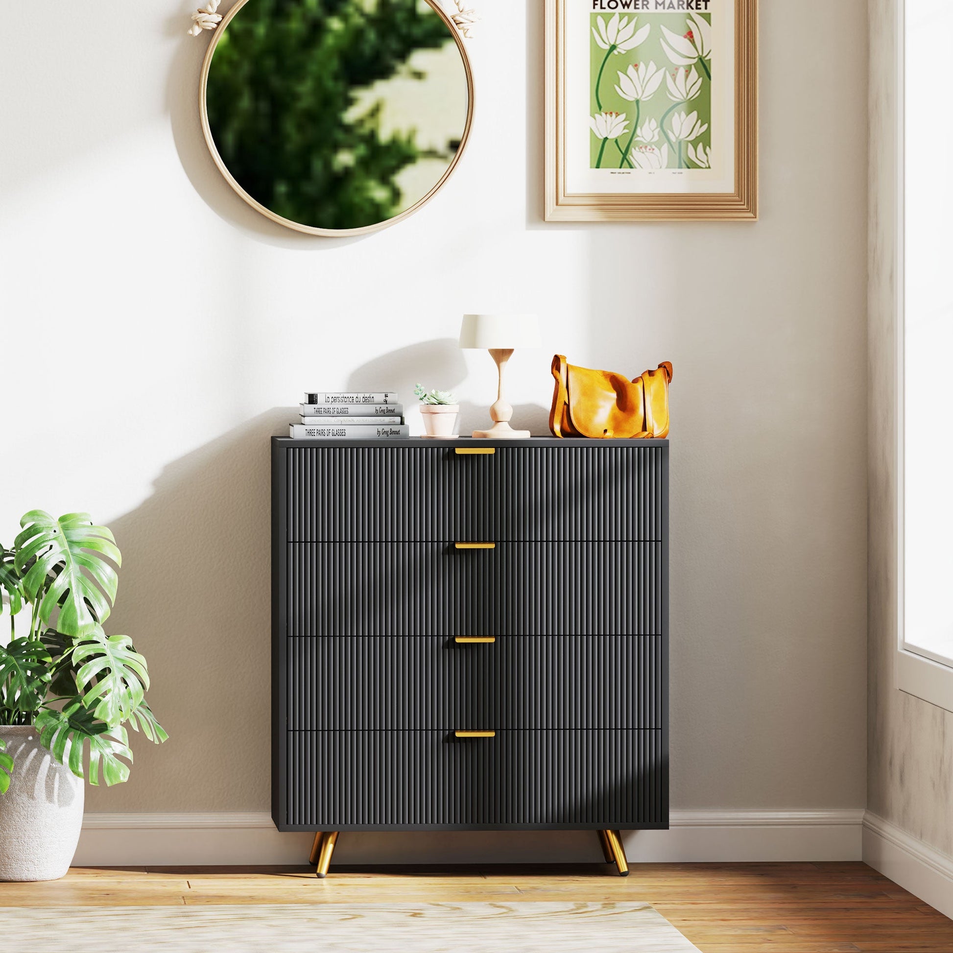 Elegant Four-Drawer Chest Table - Black