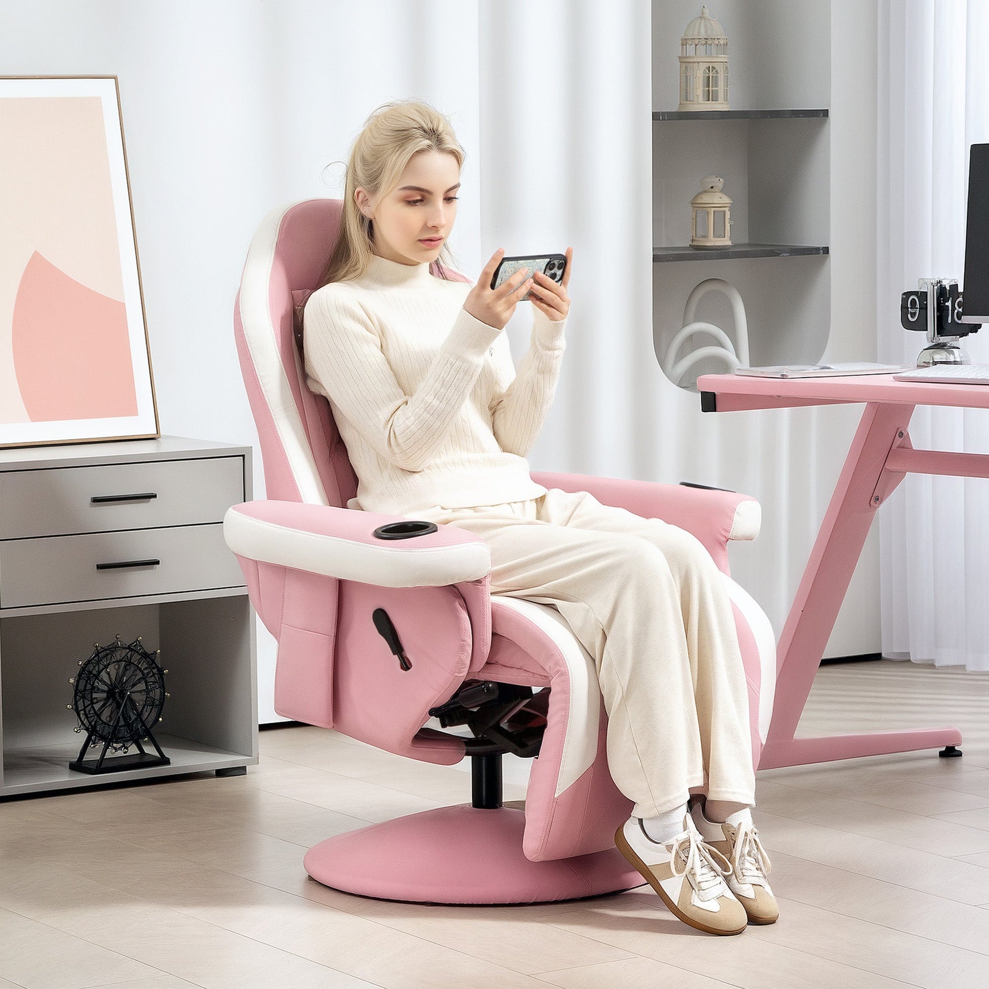 Manual Recliner Armchair PU Leather Lounge Chair w Adjustable Leg Rest, Reclining Function, Swivel, Pink