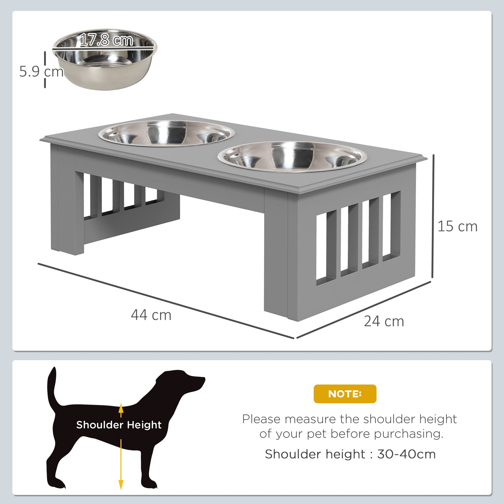 Raised Dog Feeding Bowls with Stand, Stainless Steel for  Extra Small and Small Dog, 44L x 24W x 15H cm - Grey