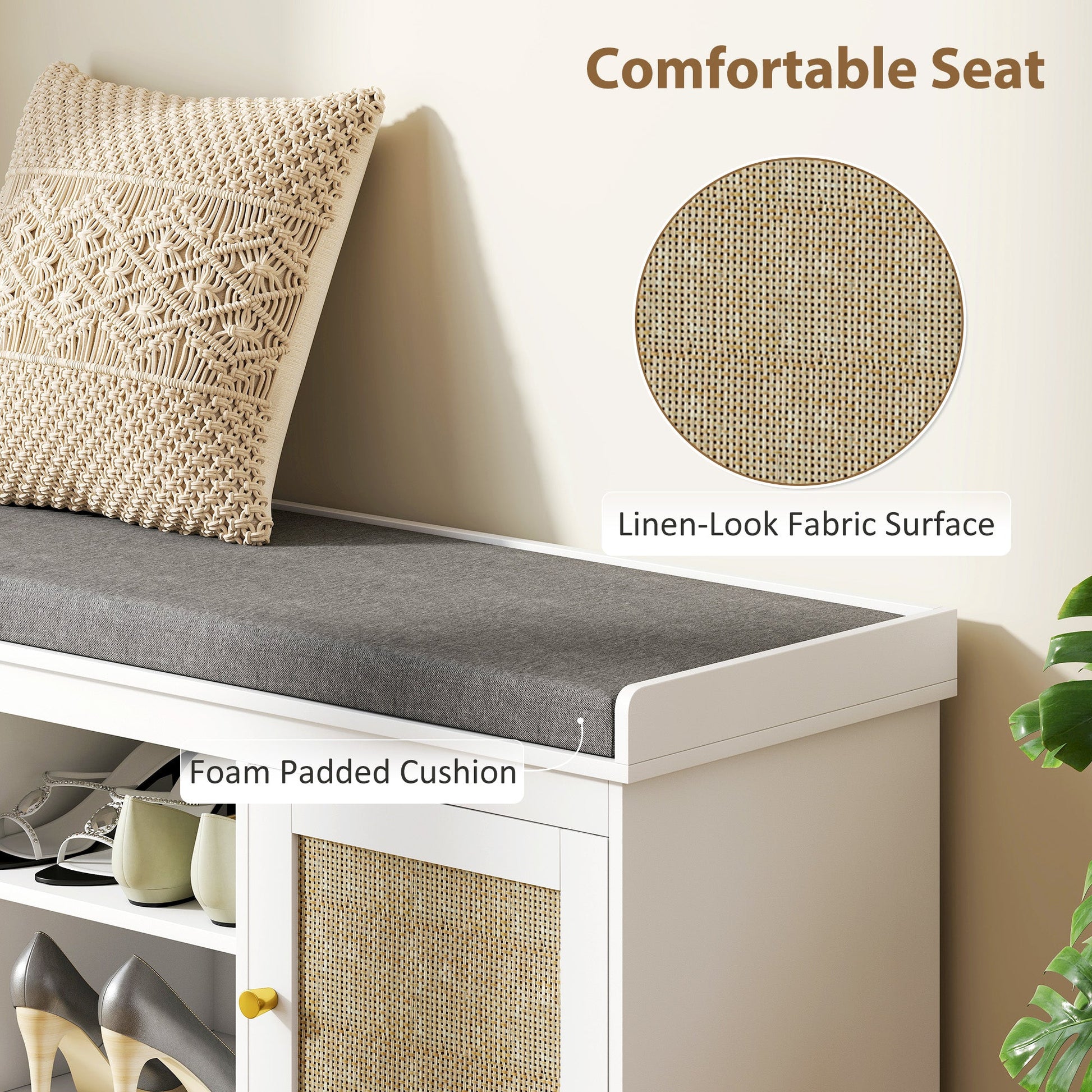 Boho Shoe Storage Bench with Padded Cushion and Rattan Doors - White