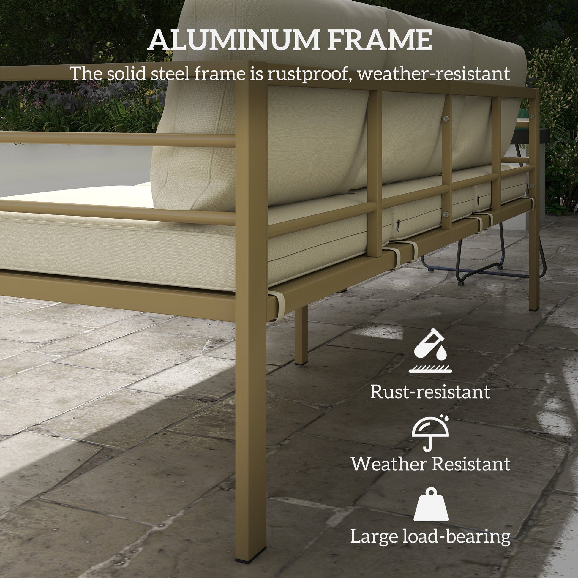 Garden Bench with Cushions, 3-Seater Sofa with Backrest, Armrest and Back Cushions, 185 x 66 x 64cm, Cream White