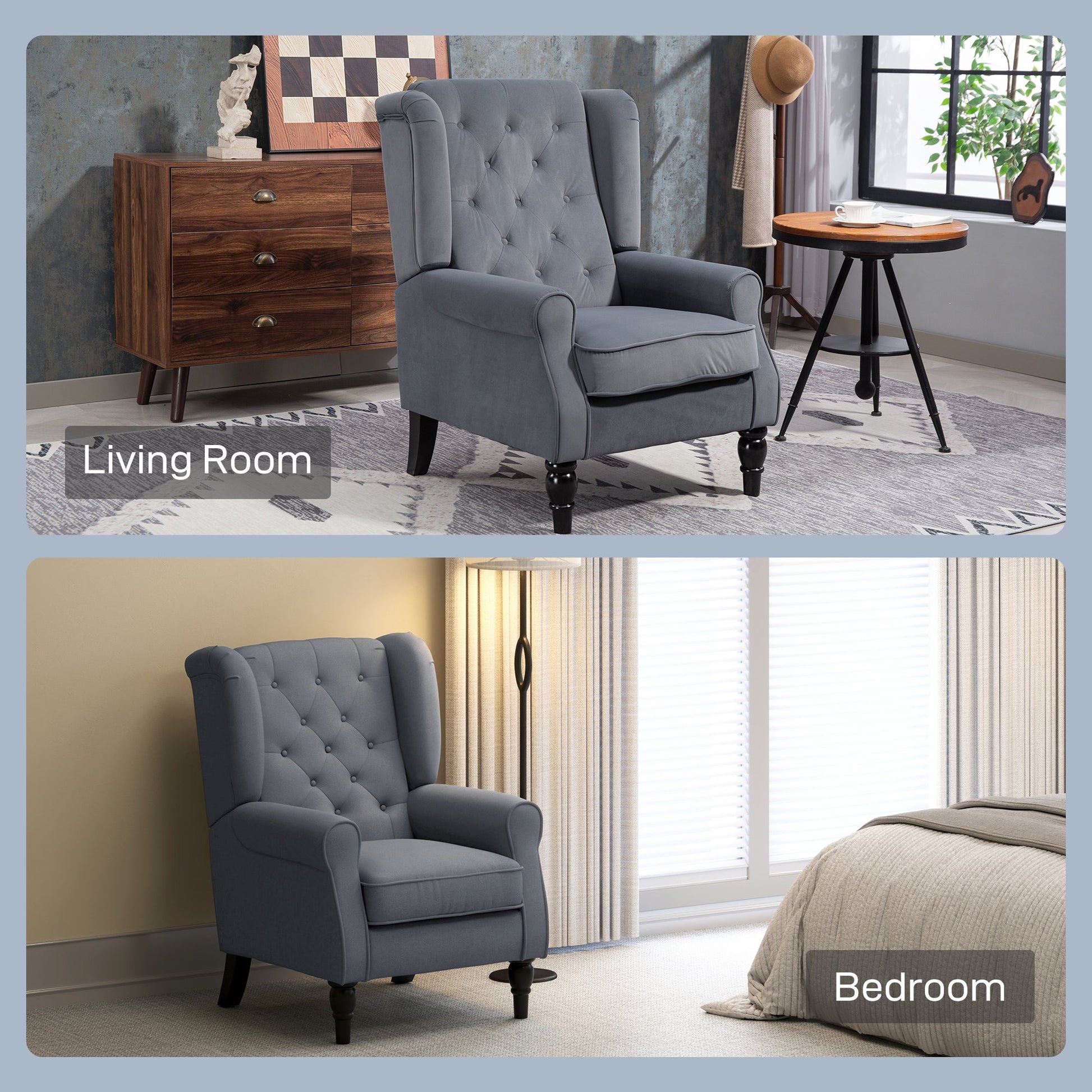 Wingback Accent Chair, Retro Upholstered Button Tufted Occasional Chair for Living Room and Bedroom, Grey
