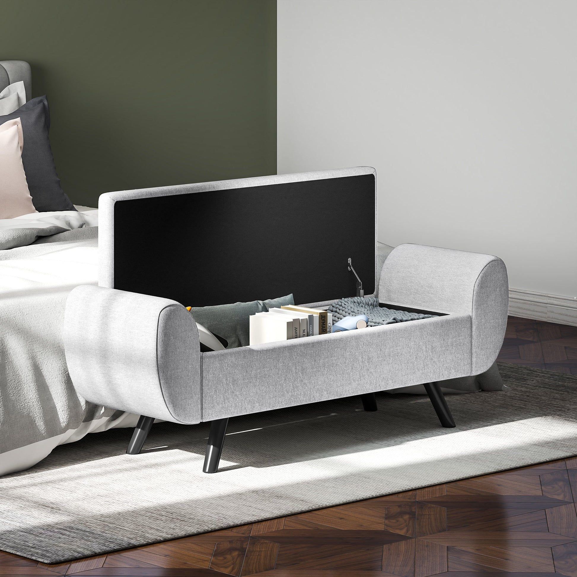 Storage Ottoman with Armrest, Upholstered Linen Storage Bench, Window Seat with Rubberwood Legs, Footstool for Bedroom Living Room, Hallway, Light Grey