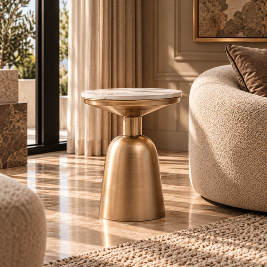 Amira White Marble Small Side Table with Gold Finish Base