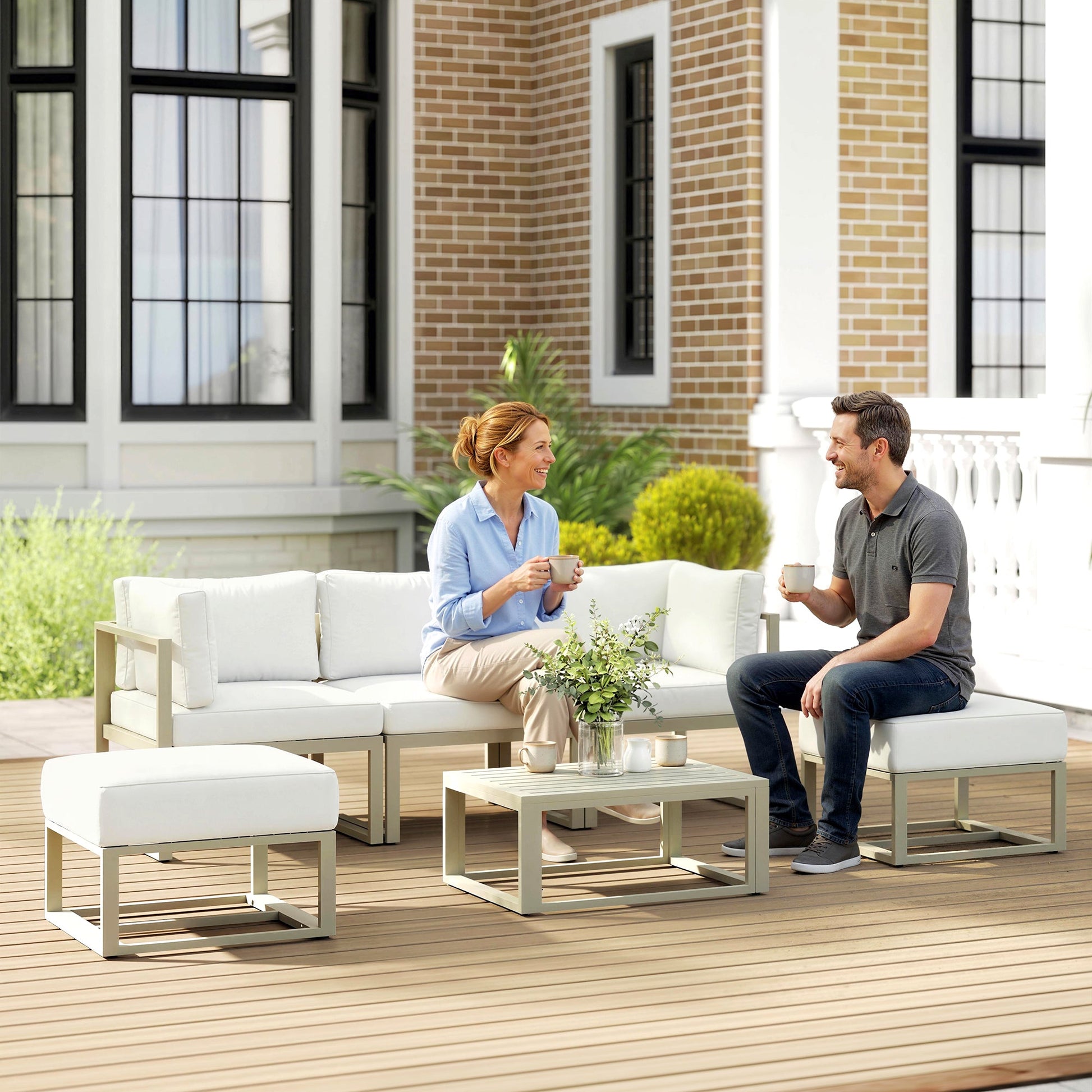 Garden Daybed, 6 Piece Outdoor Sectional Sofa Set, Aluminium Patio Conversation Furniture Set with Coffee Table