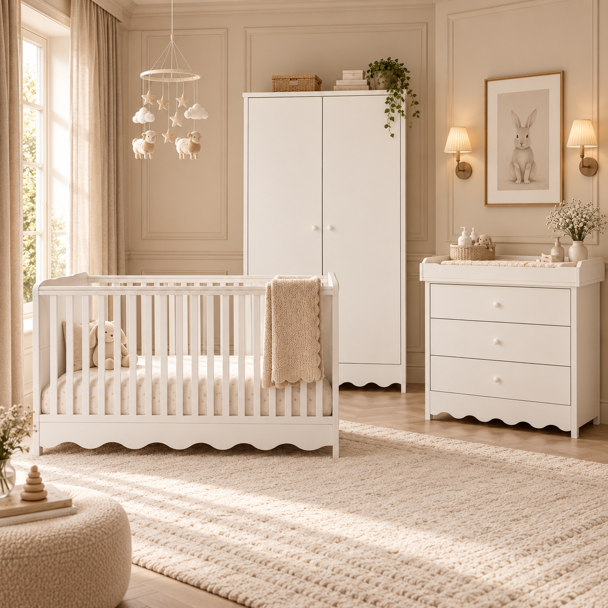3 Piece Nursery Cloud 9 White Bedroom Furniture Set