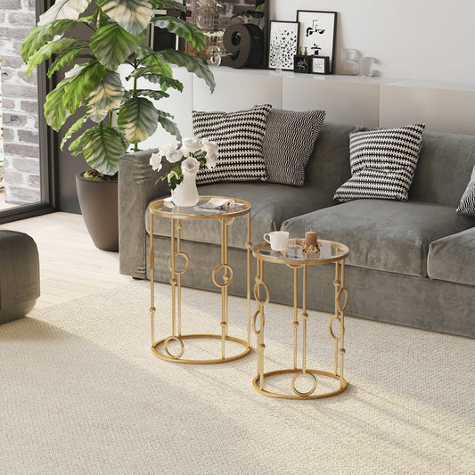 Round Coffee Tables Set of 2, Gold Nesting Side End Tables with Tempered Glass Top, Steel Frame for Living Room, Gold