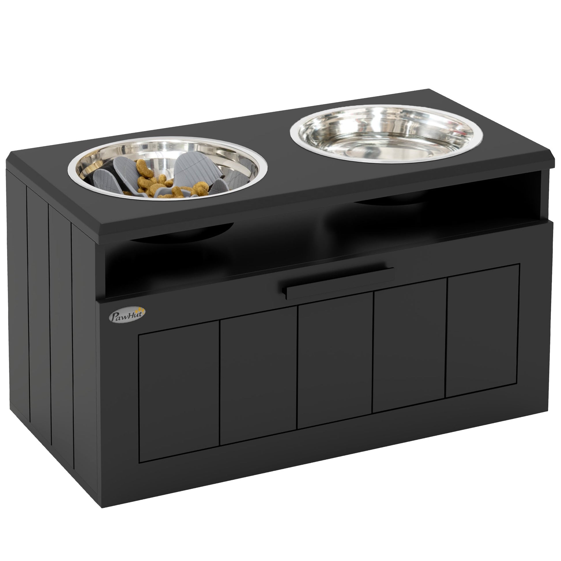 Raised Dog Bowl with Slow Feeder & 2 Stainless Steel Dog Bowl, 25L Storage Drawer, for Large & Extra Large Dogs, Black