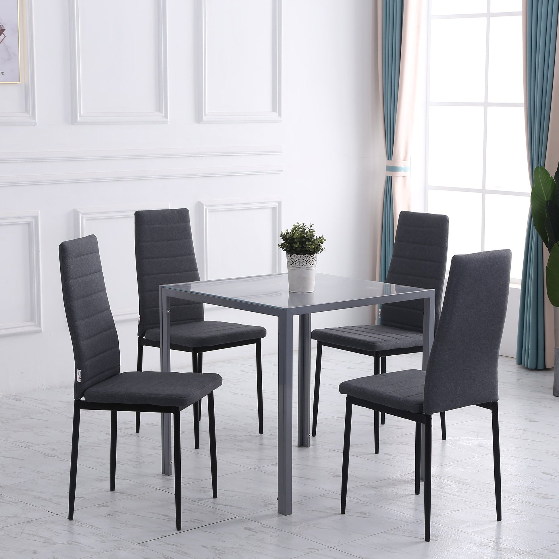 High Back Dining Chairs Modern Upholstered Linen-Touch Fabric Accent Chairs with Metal Legs for Kitchen - Grey x4