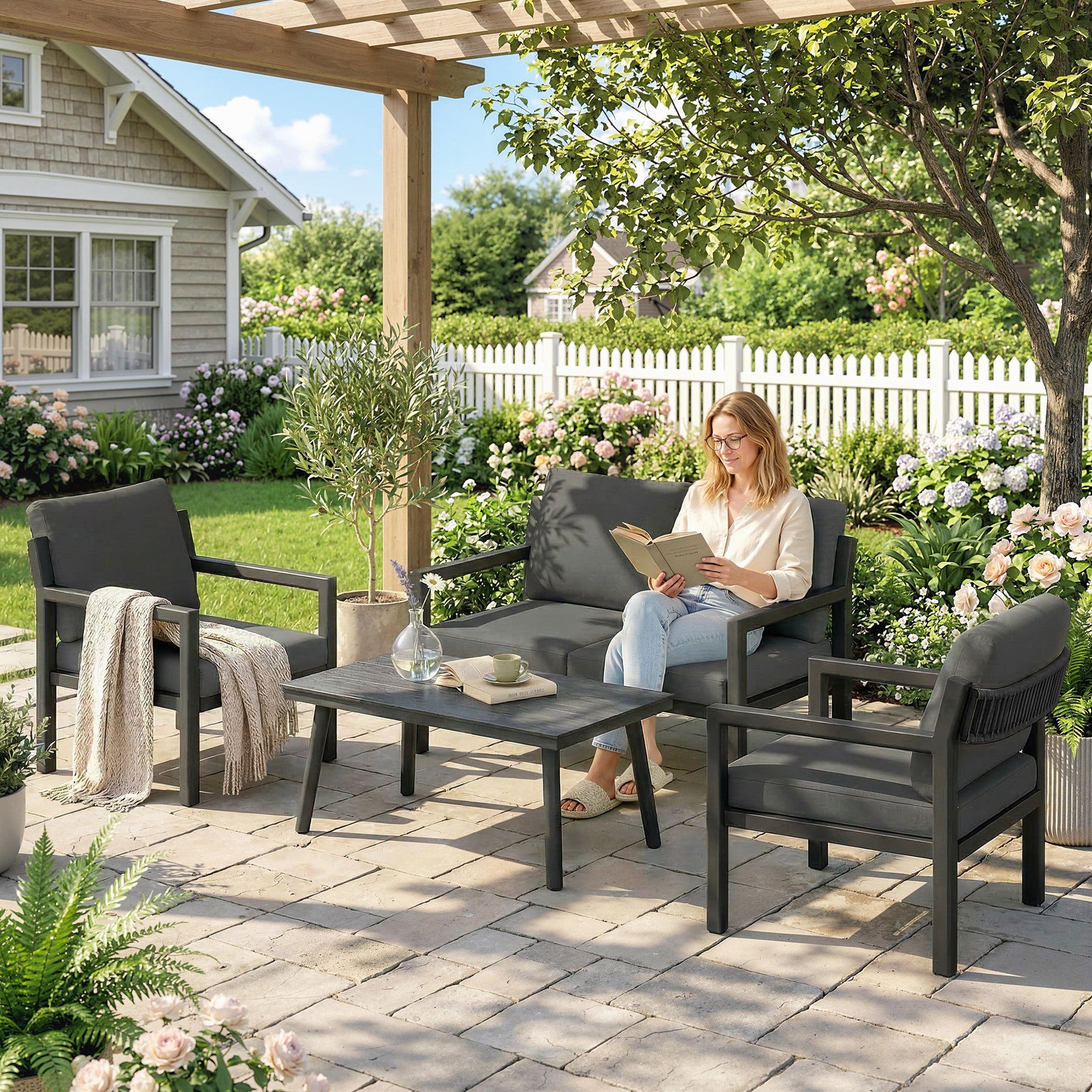4 Seater Rattan Garden Furniture Set with 2 Armchairs, Loveseat, Coffee Table, Garden Sofa Set with Cushions, Dark Grey