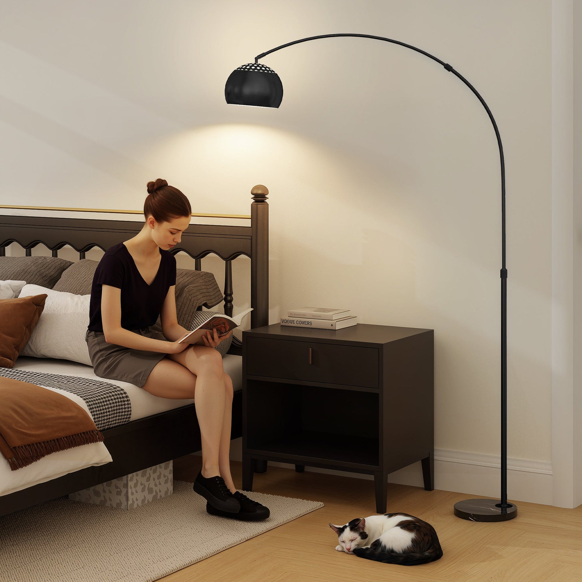 Arc Floor Lamp for Living Room, Modern Adjustable Standing Lamp with Faux Black Marble Base Black