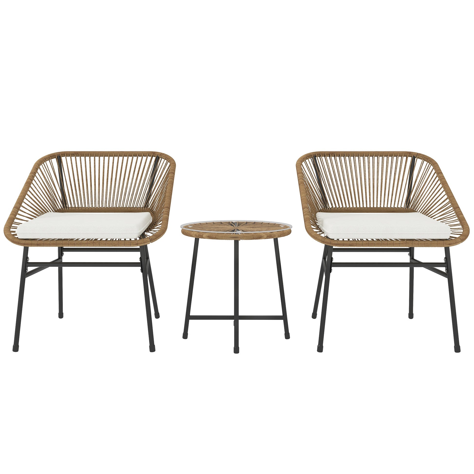 3 Pieces Rattan Bistro Set, Wicker Small Garden Table and Chairs Set with Cushions and Glass Top Coffee Table, Bistro Garden Furniture Set for Outdoor, Patio, Balcony, Natural
