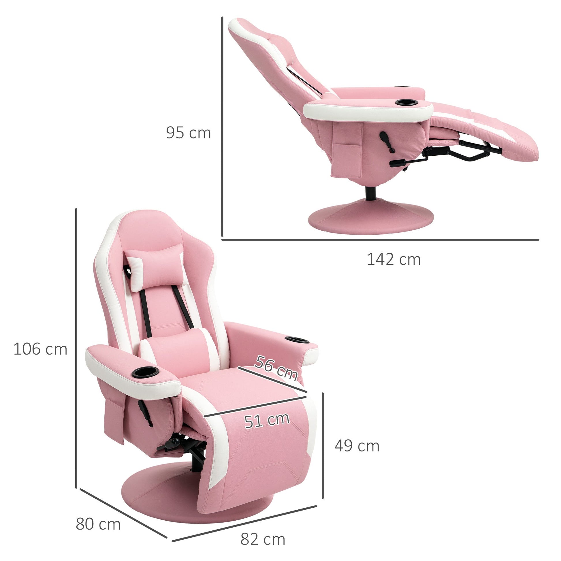 Manual Recliner Armchair PU Leather Lounge Chair w Adjustable Leg Rest, Reclining Function, Swivel, Pink