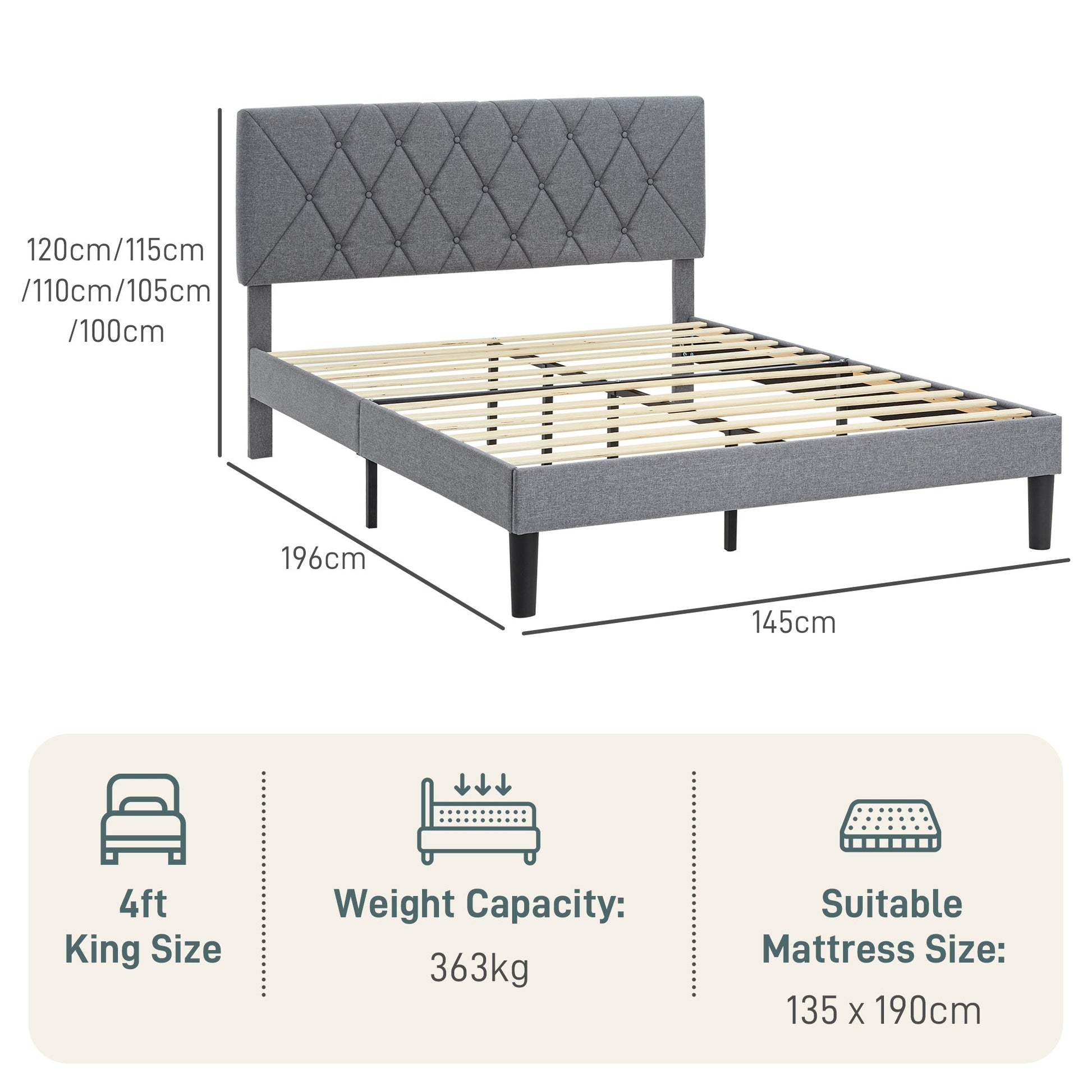Double Bed Frame with 5-Level Adjustable Linen Upholstered Headboard, Wooden Slats Mattress Foundation, No Box Spring Needed, Grey