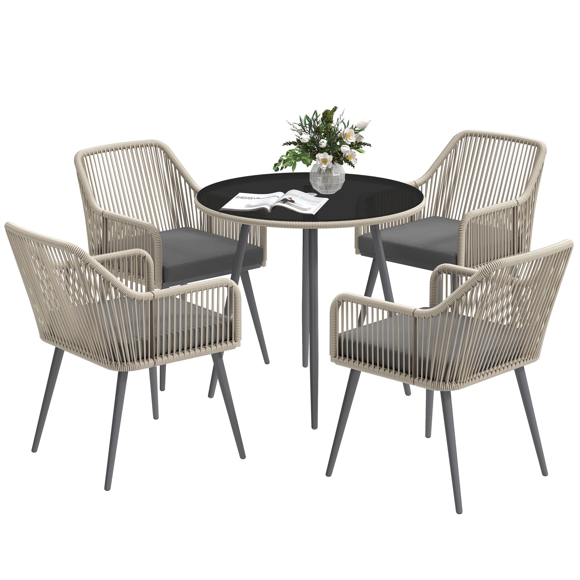 4 Seater Rattan Dining Set, Rattan Garden Furniture Set with Parasol Hole, Outdoor Dining Table and Chairs Set with Cushions, Round Glass Top Table for Patio, Balcony, Light Brown