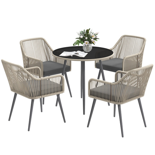 4 Seater Rattan Dining Set, Rattan Garden Furniture Set with Parasol Hole, Outdoor Dining Table and Chairs Set with Cushions, Round Glass Top Table for Patio, Balcony, Light Brown