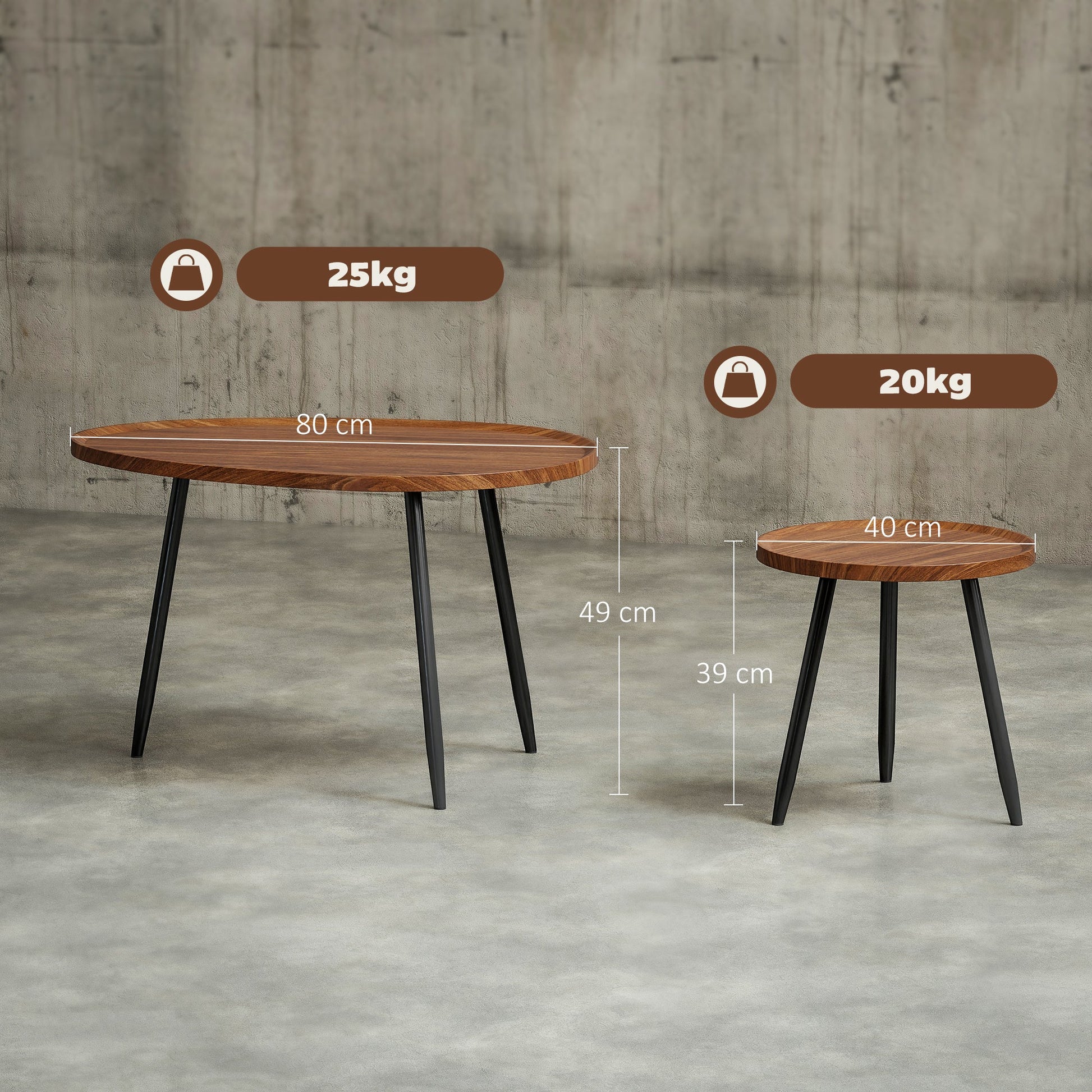 Nesting Coffee Table Set of 2, 80cm Modern Stacking End Side Table with Metal Legs for Living Room Bedroom Office, Chestnut Wood Effect