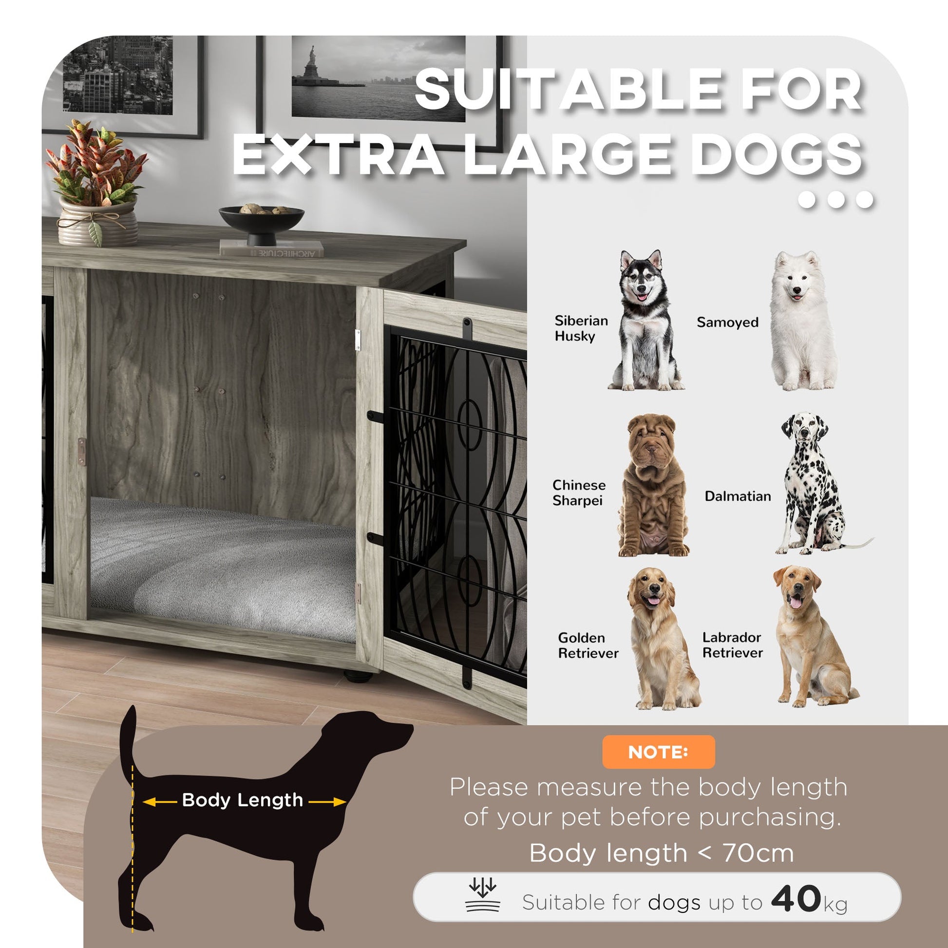 Indoor Dog Crate Furniture End Table with Soft Washable Cushion, Lockable Front Door, for Extra Large Dogs - Grey