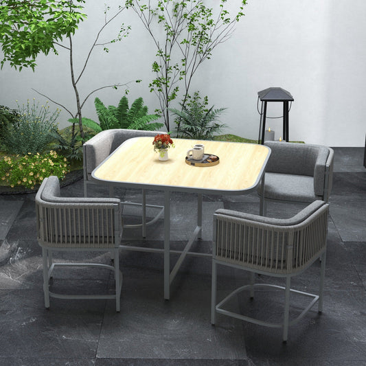 4 Seater Rattan Cube Garden Furniture Set with Cushions, Square Garden Dining Set with Stone Composite Board Top Table, Outdoor Dining Table and Chairs, Grey