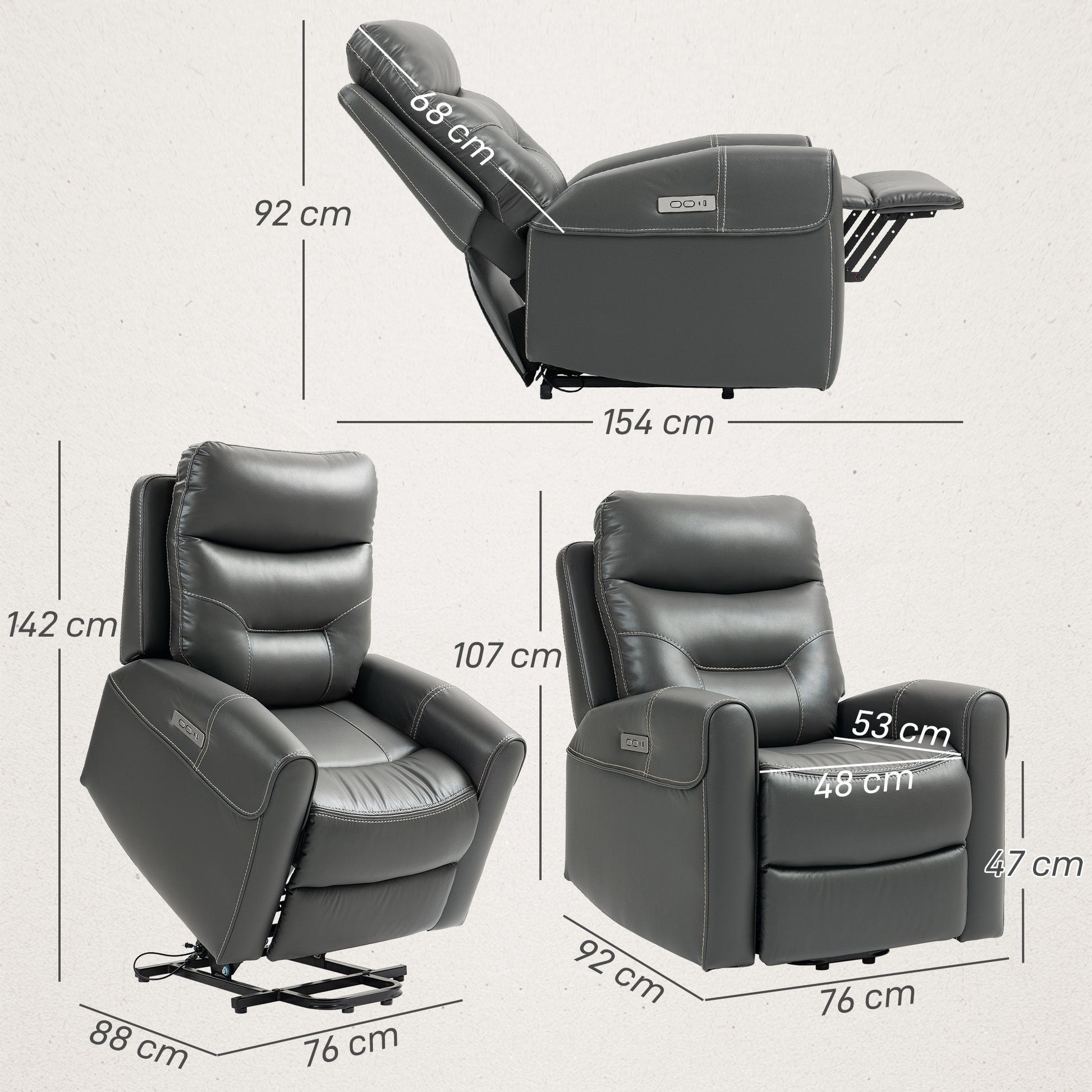 Power Lift Recliner Chair for Elderly, Overstuffed Faux Leather Riser and Reclining Chair with USB A+C Ports, Remote Control, Recliner Armchair for Living Room, Charcoal Grey