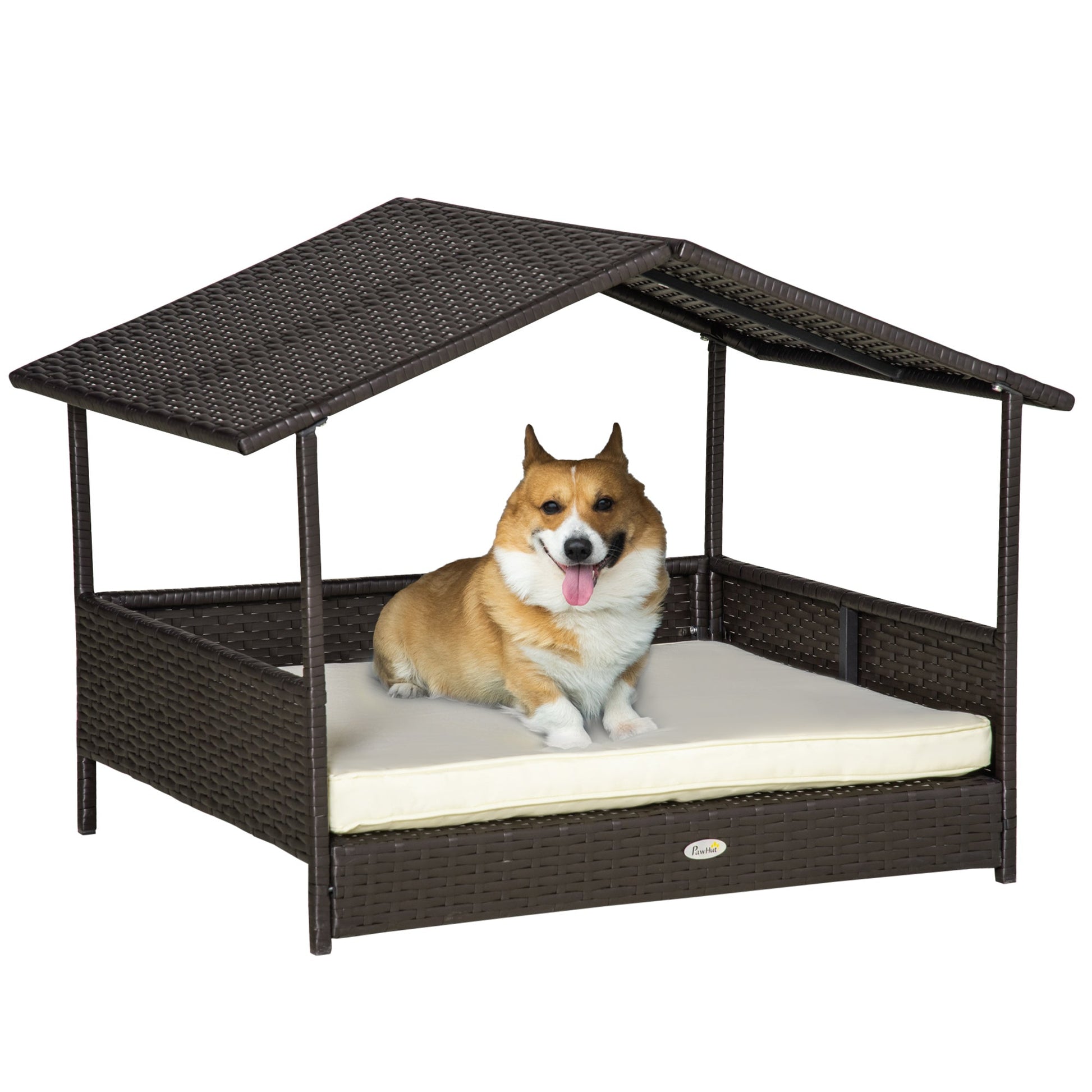 Wicker Dog House, Rattan Pet Bed, with Removable Cushion, Canopy, for Small and Medium Dogs - Cream