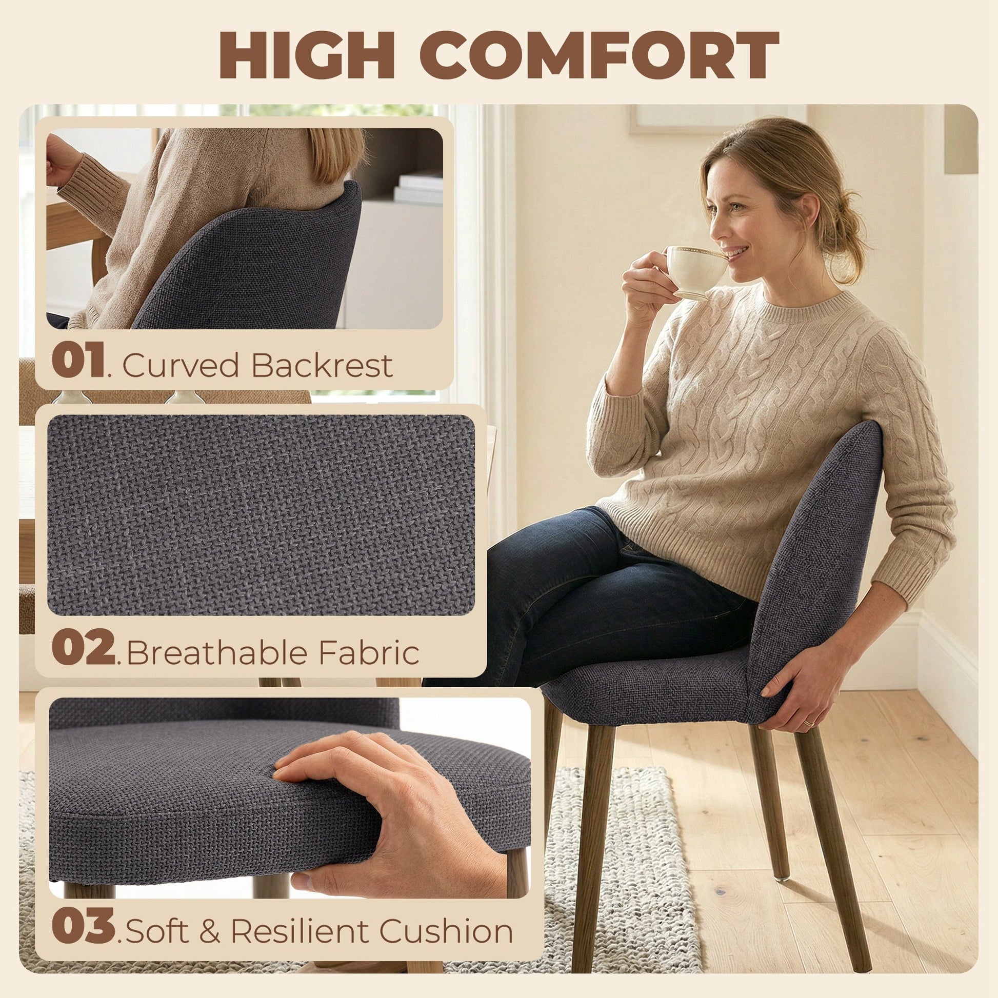Dining Chairs Set of 2, Linen Upholstered Kitchen Chairs with Padded Seat, Curved Backrest, Rubberwood Legs, Dark Grey