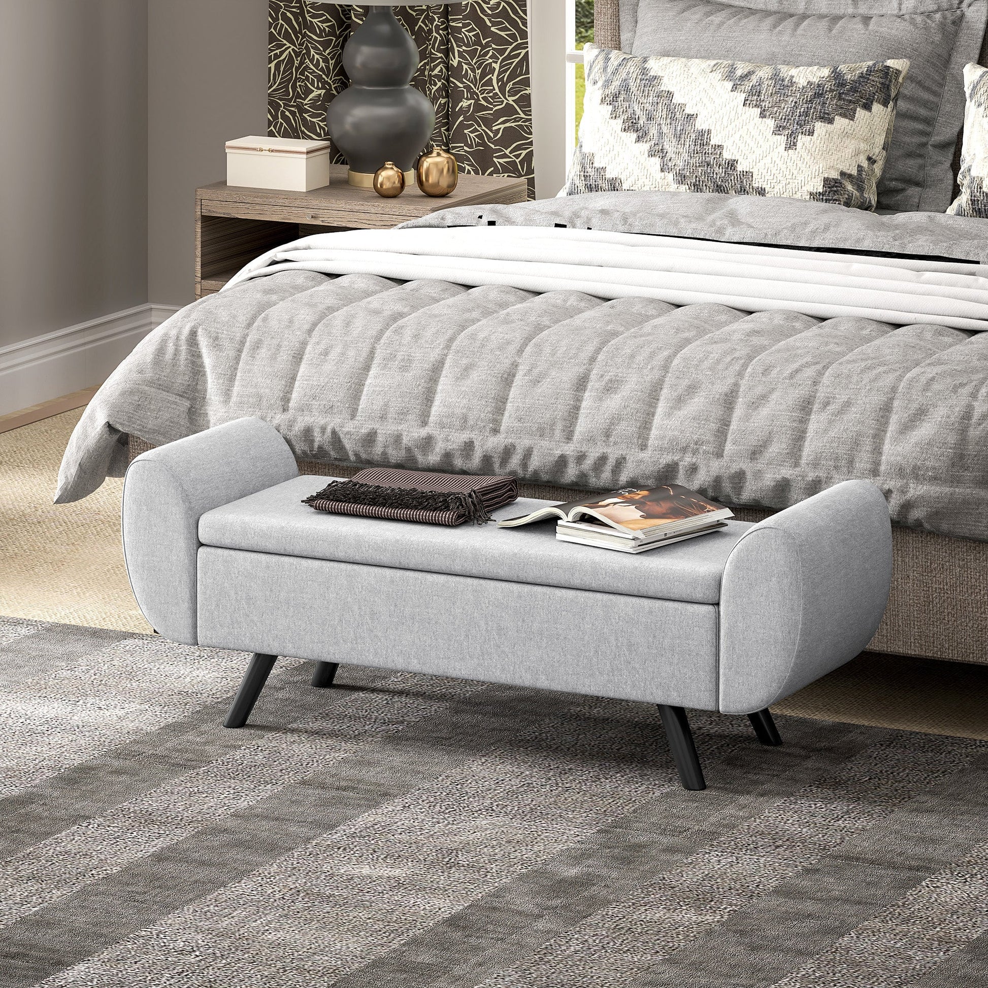 Storage Ottoman with Armrest, Upholstered Linen Storage Bench, Window Seat with Rubberwood Legs, Footstool for Bedroom Living Room, Hallway, Light Grey