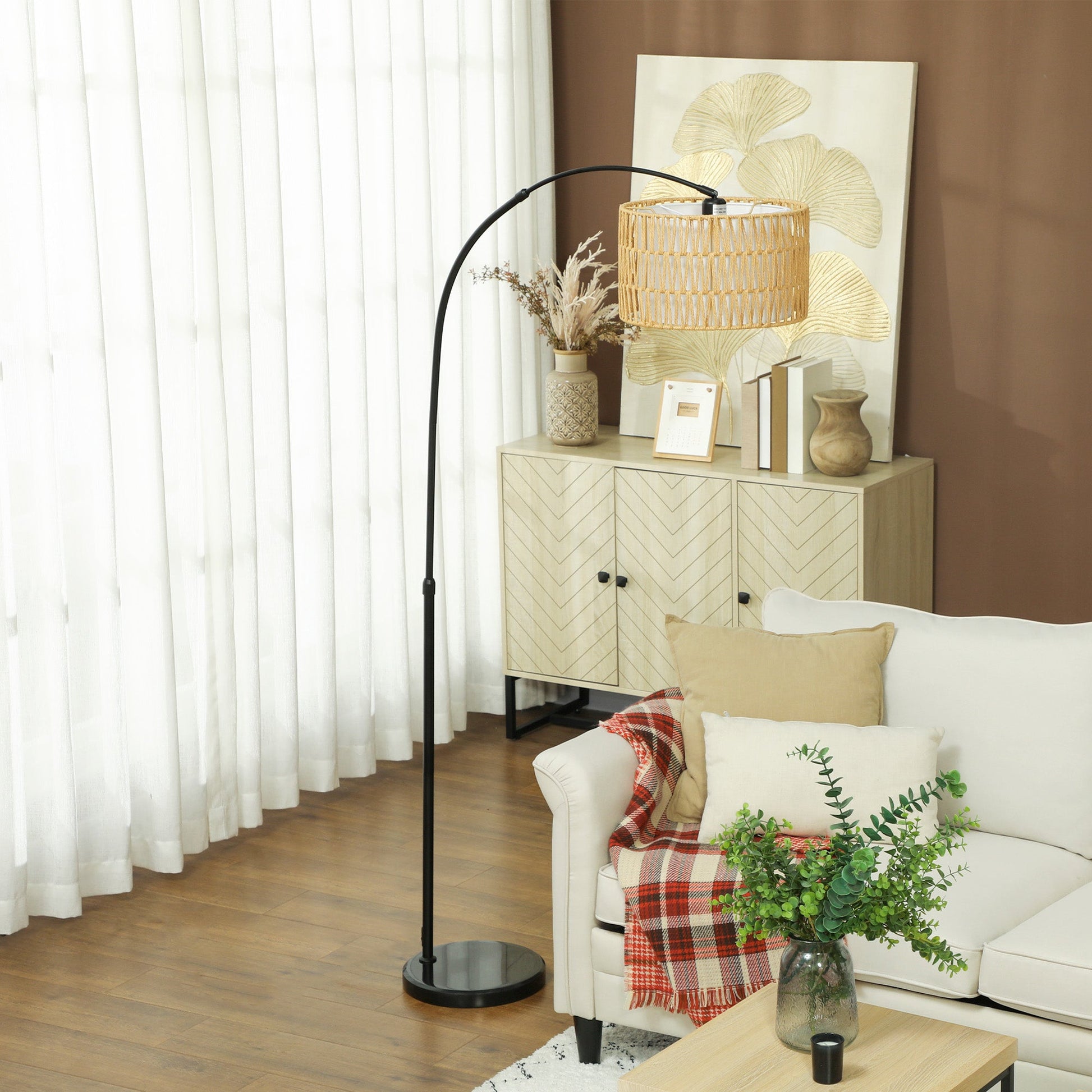 Rattan Floor Lamp for Living Room, Farmhouse Arc Standing Lamp with Dual-Layer Shade & Foot Switch, Height Adjustable Minimalist Tall Pole Lampshade for Bedroom, Office, Black